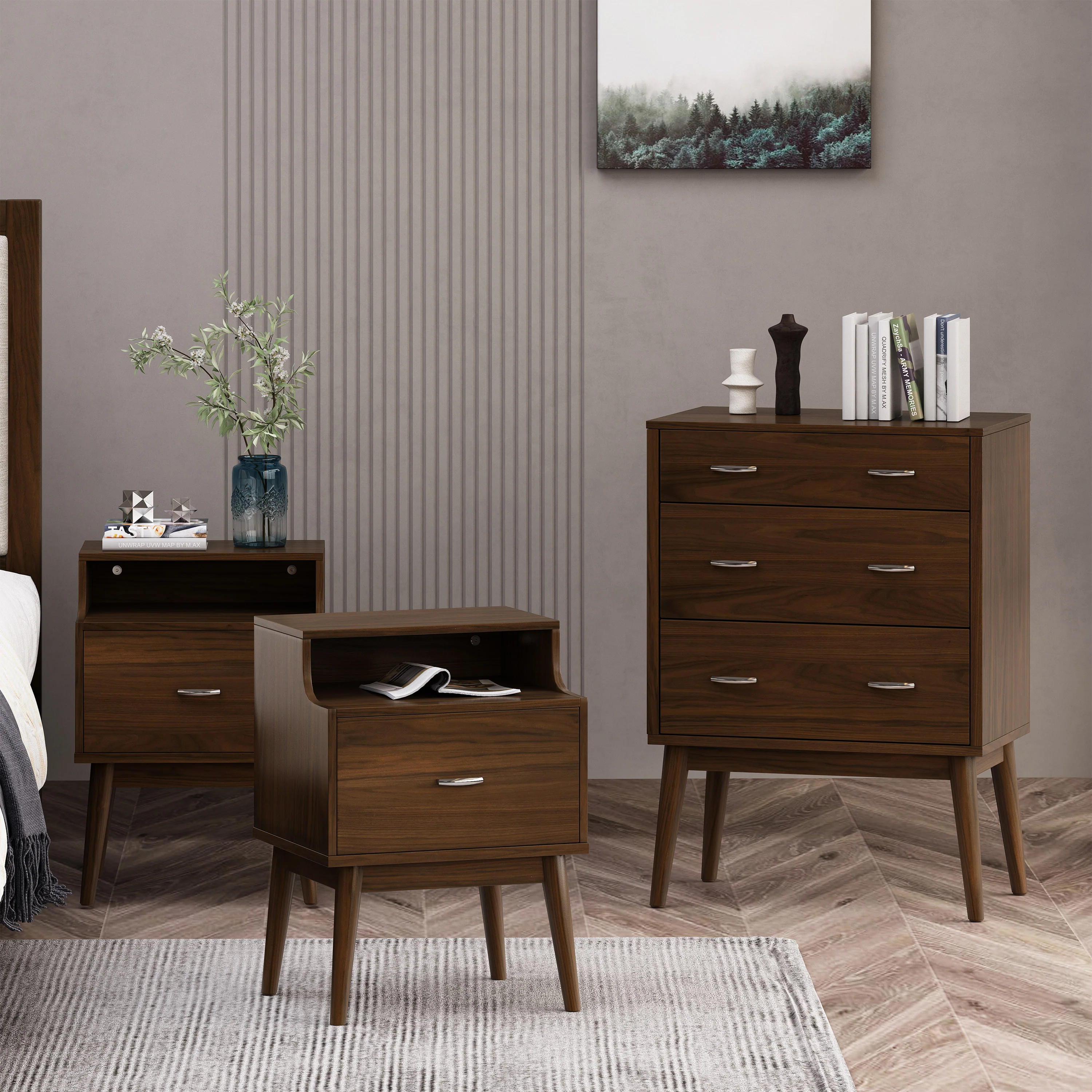 Wilbur Mid Century Wooden 3 Piece 3 Drawer Dresser and Nightstand Bedroom Set - furnishings