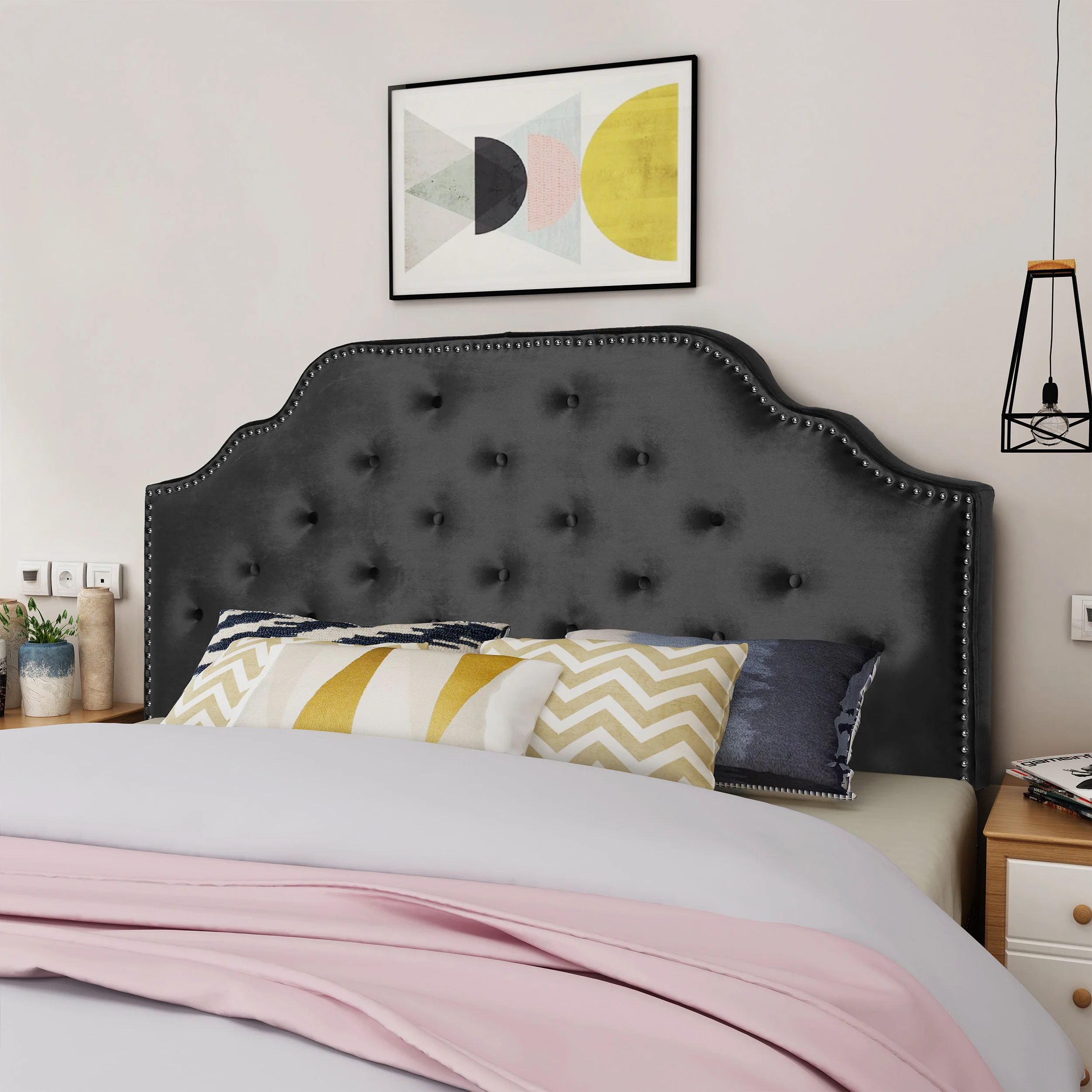 Falcon Contemporary Tufted New Velvet Queen/Full Headboard w/ Nailhead Accents - furnishings