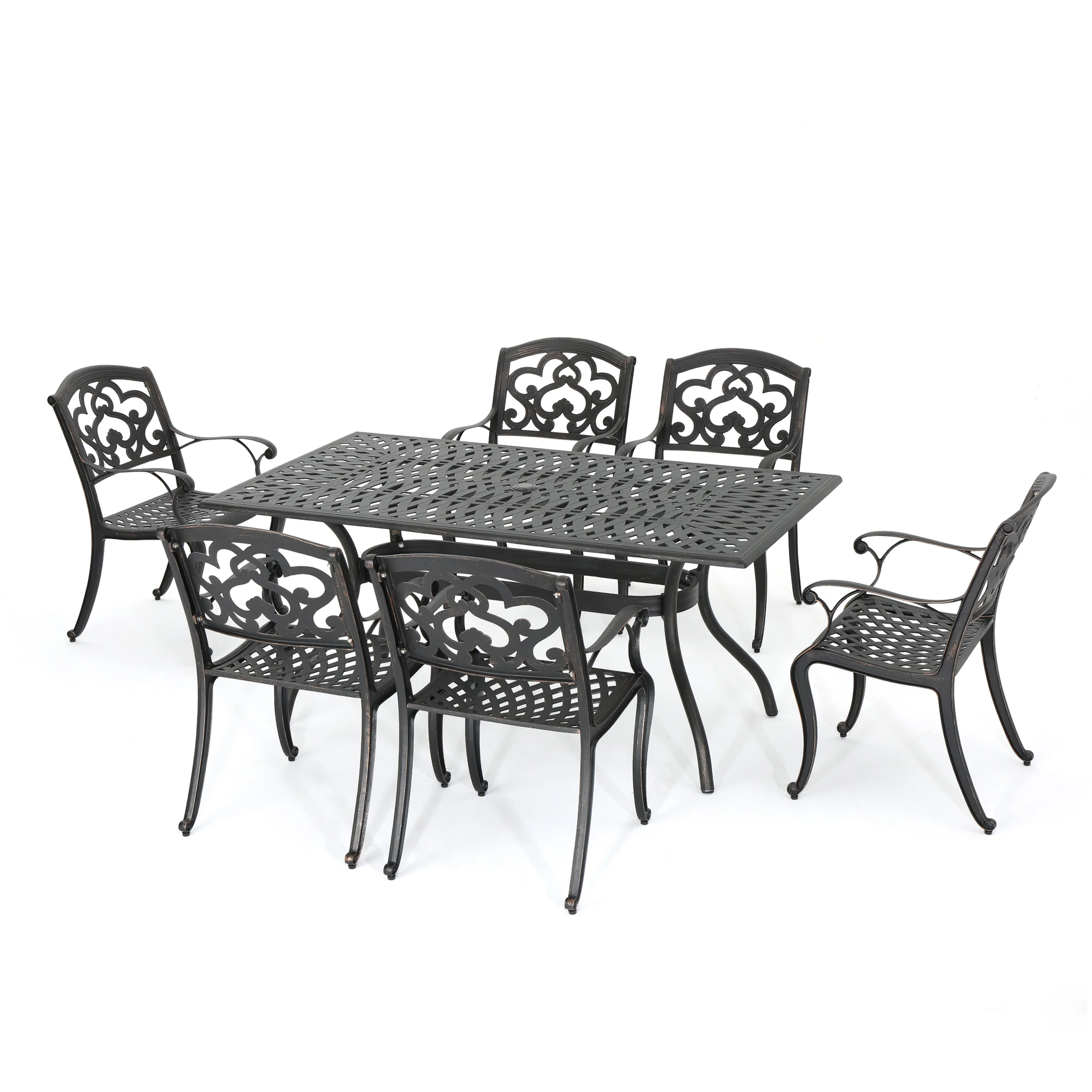 Carlton Outdoor 7 Pc Patina Copper Cast Aluminum Dining Set - furnishings
