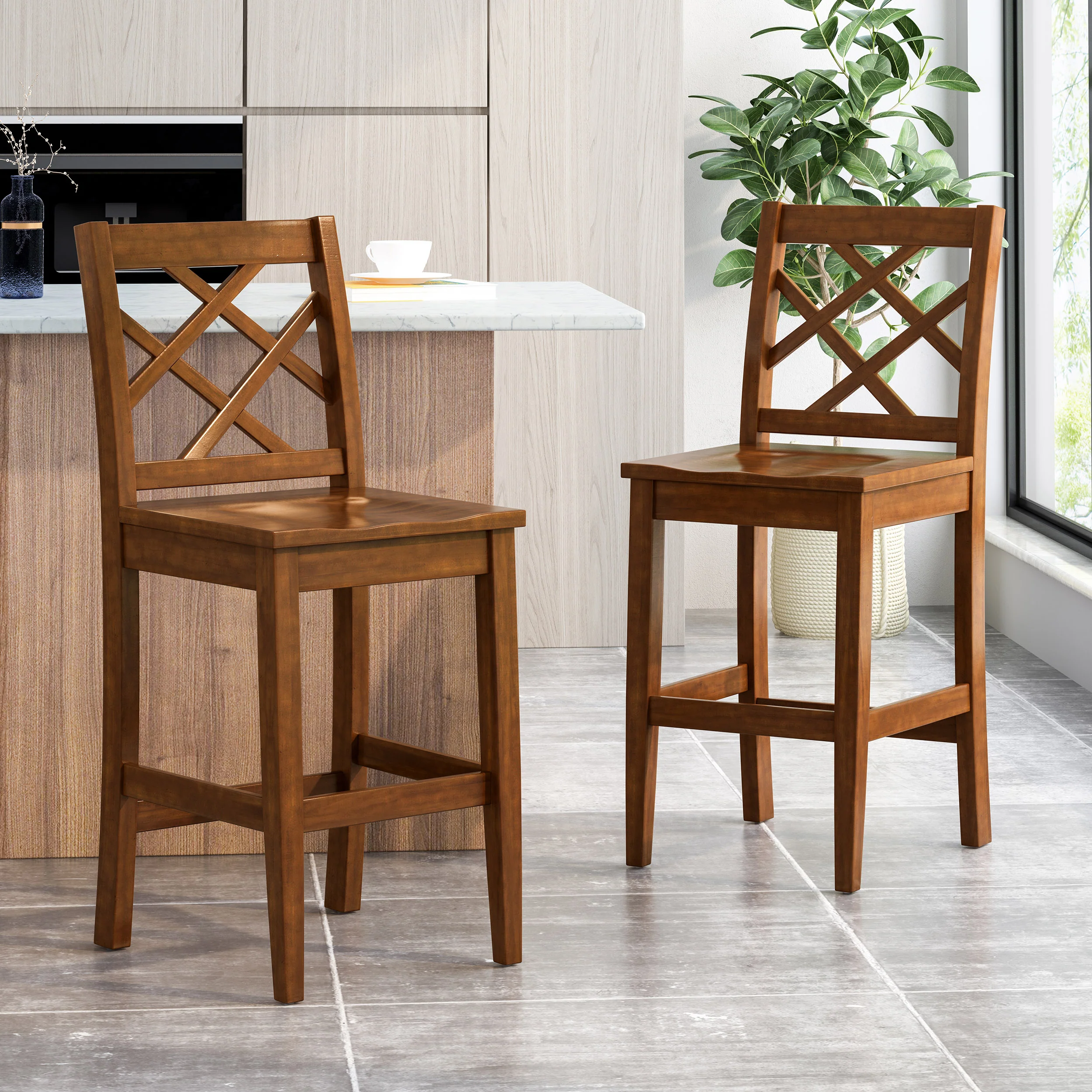 Scottsman Rustic Crossback Brown Mahogany Acacia Wood Counter Stools (Set of 2) - furnishings