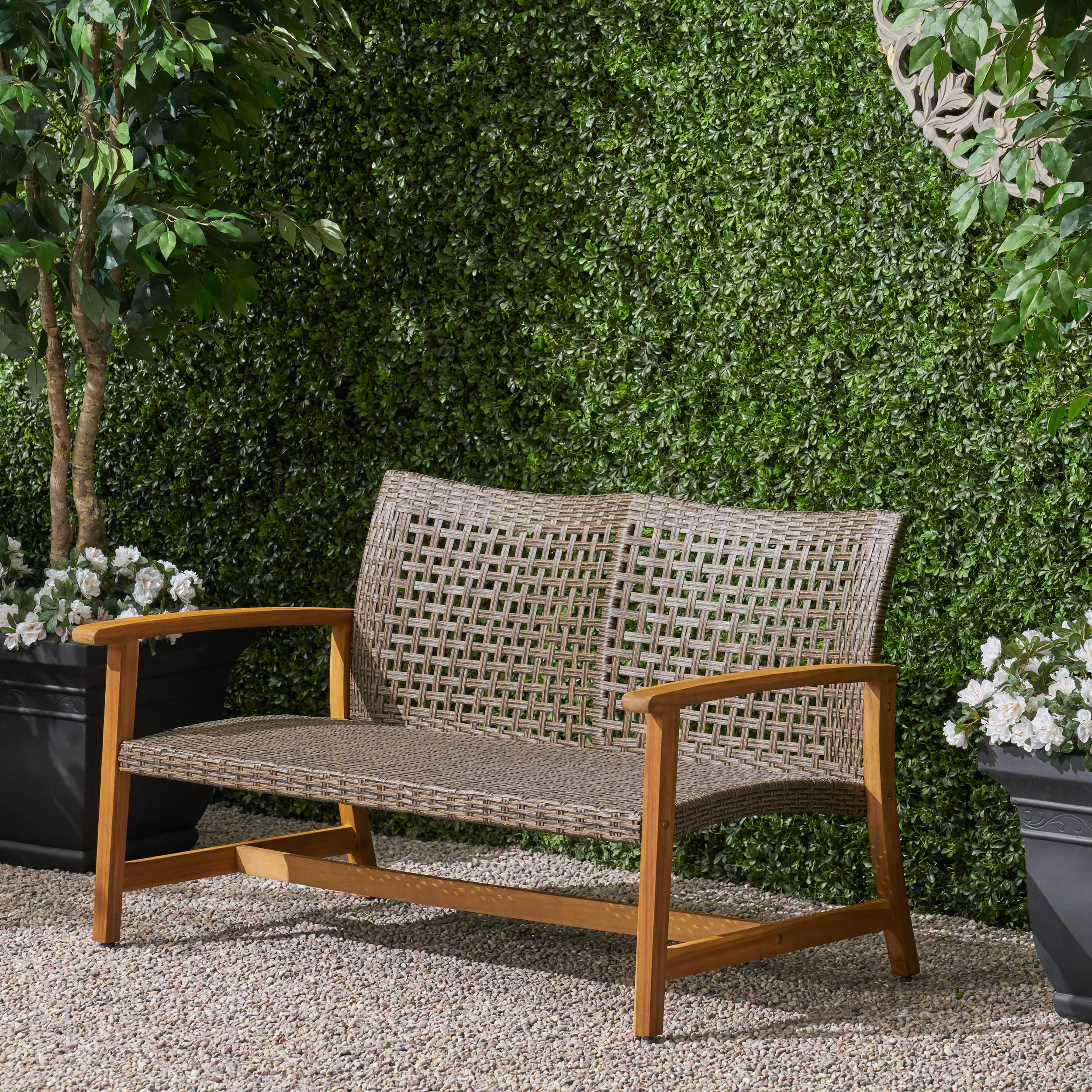 Marcia Outdoor Wood and Wicker Loveseat - furnishings