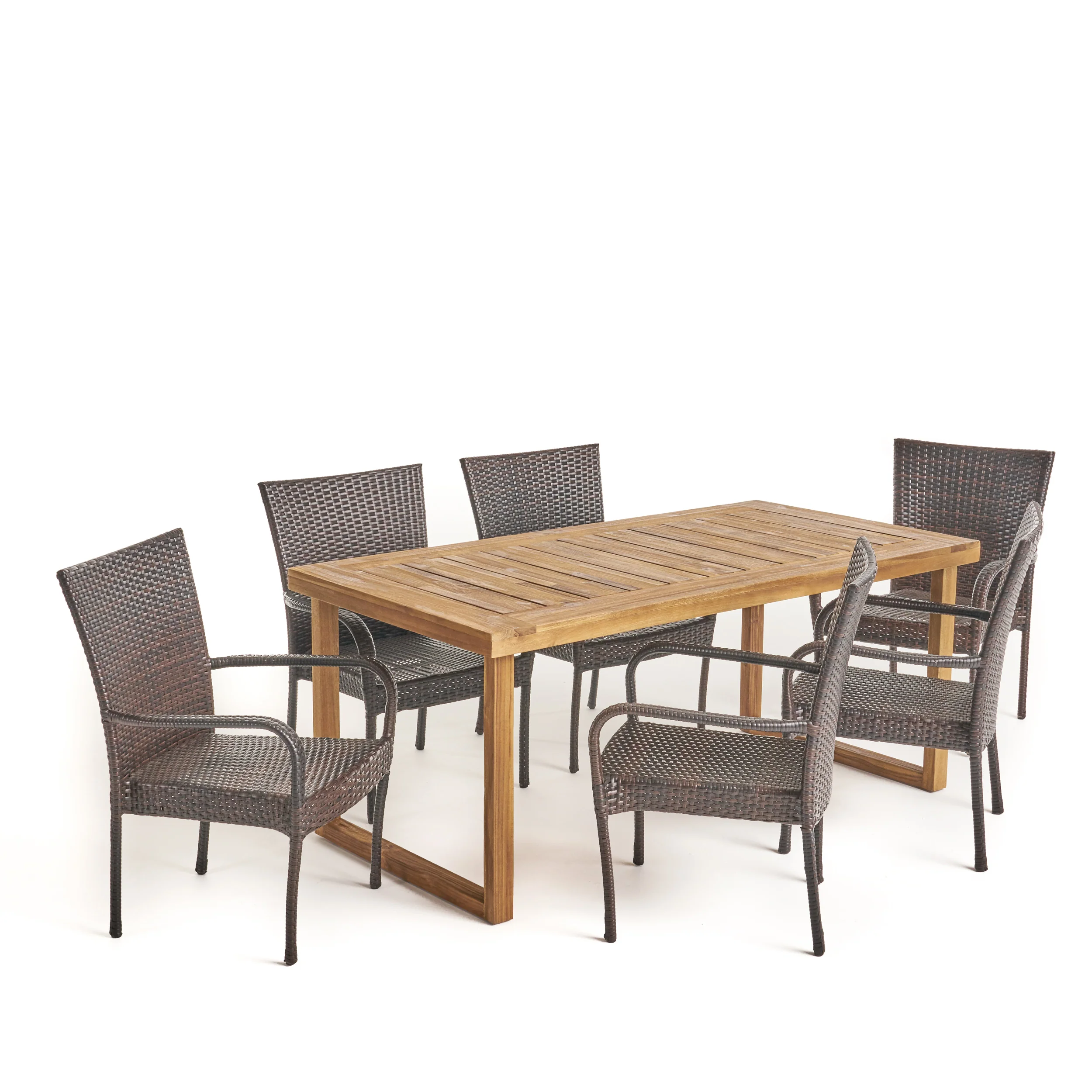 Louis Outdoor 7 Piece Acacia Wood Dining Set with Stacking Wicker Chairs - furnishings