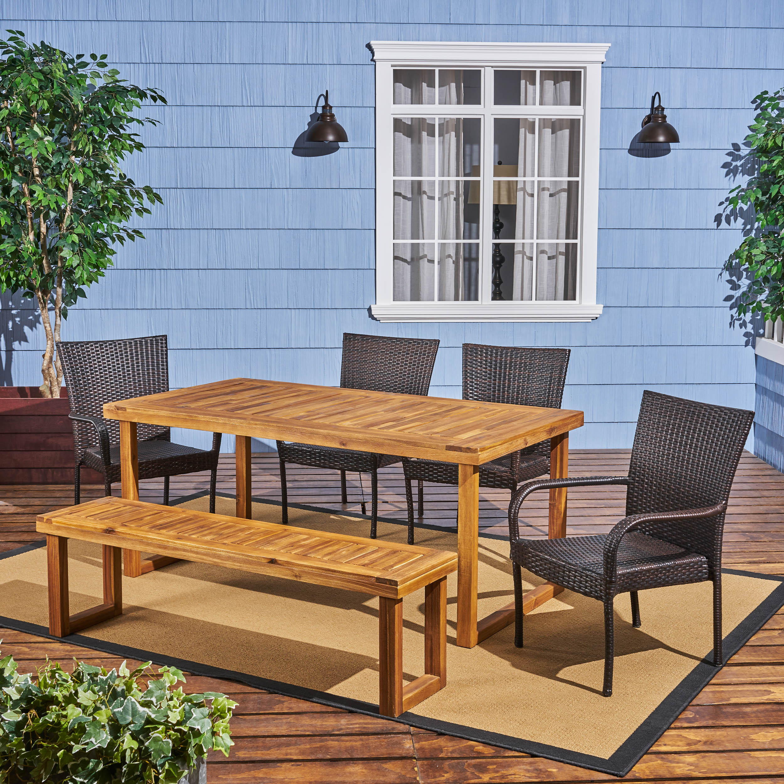 Eric Outdoor 6-Seater Wood and Wicker Chair and Bench Dining Set - furnishings
