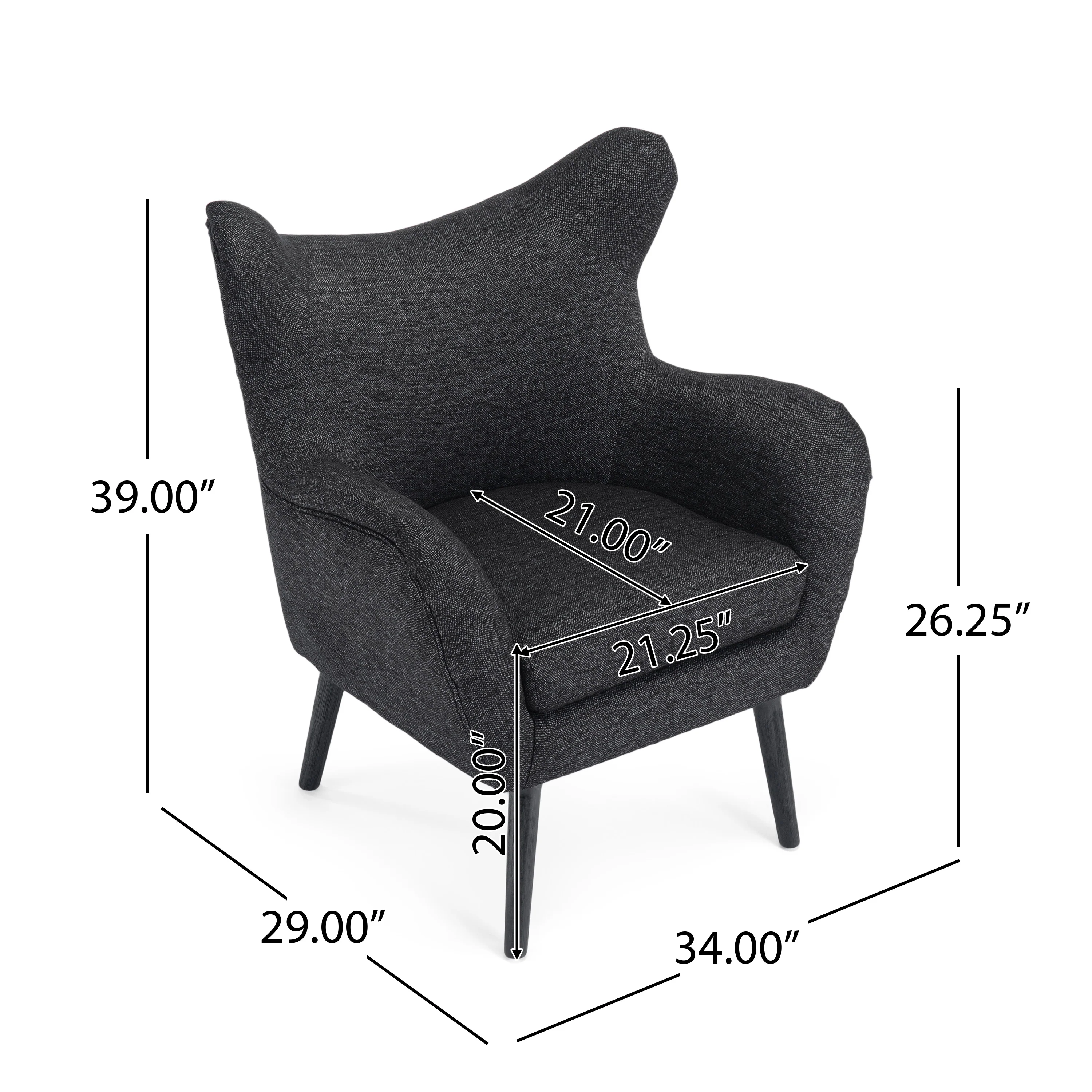 Eastdale Mid Century Modern Upholstered Wingback Club Chair, Black Textured Tweed and Black - furnishings