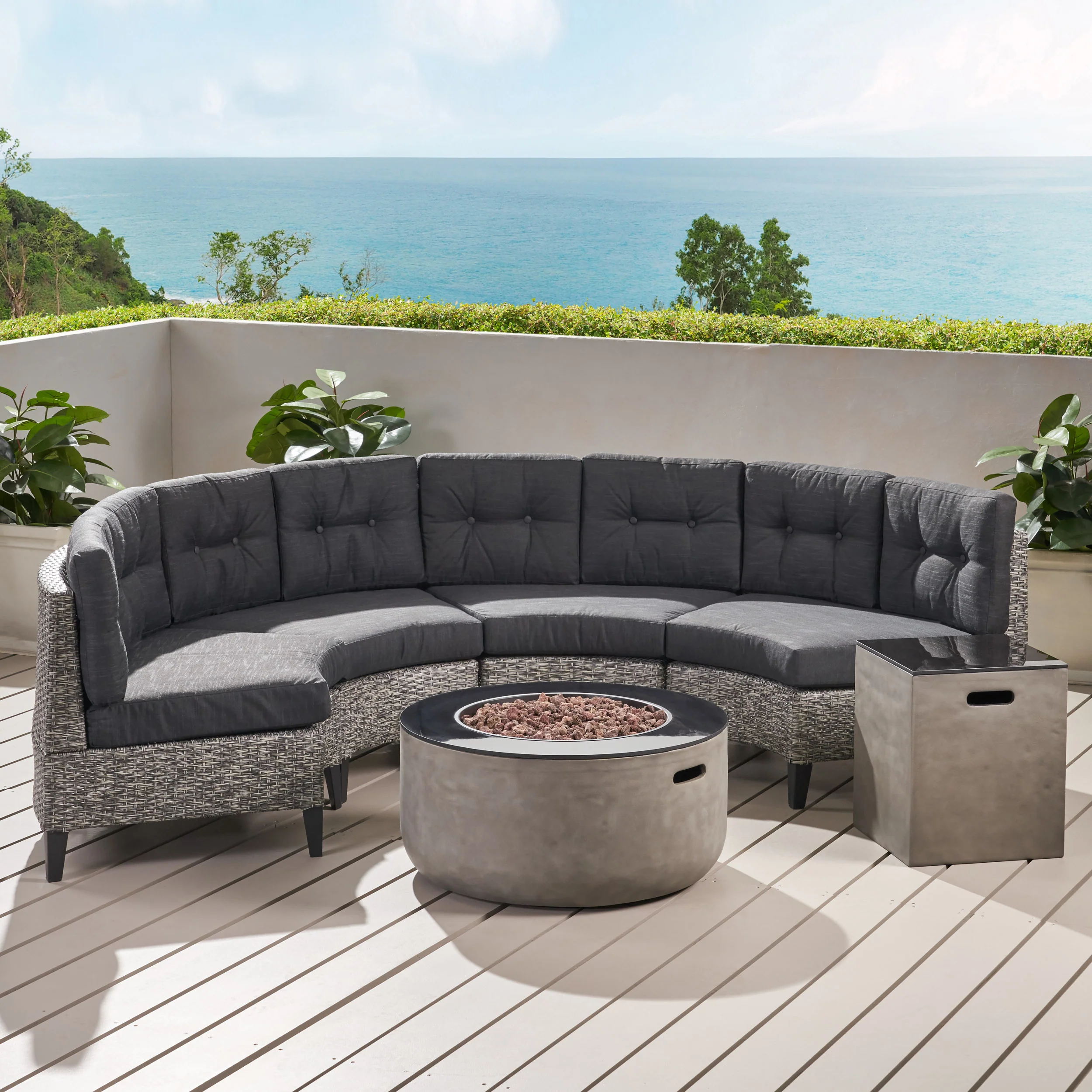 Breann Outdoor Round 4 Seater Wicker Sectional Set with Fire Pit and Tank Holder - furnishings