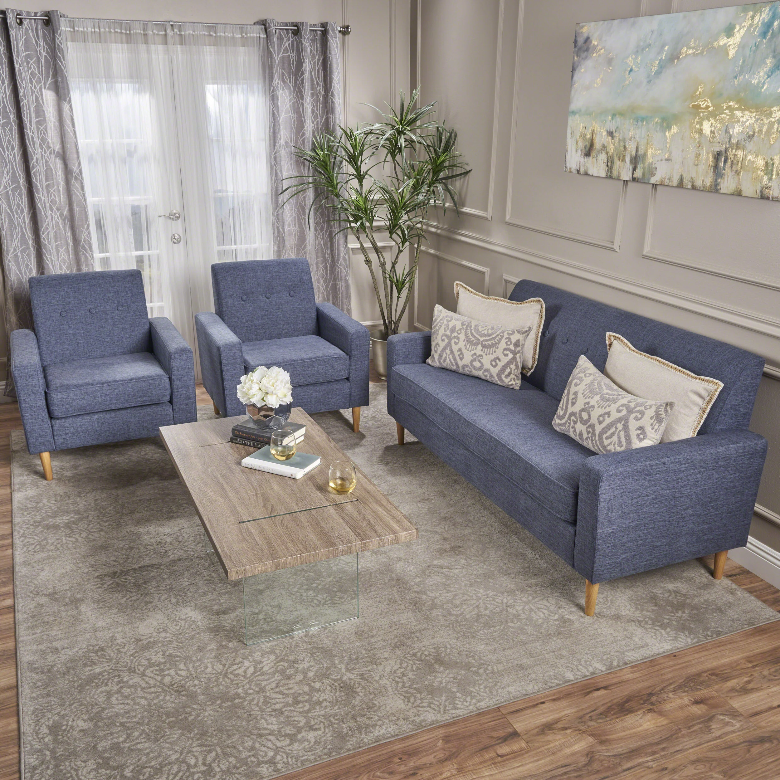 Stratford Mid-Century Modern 3-Piece Fabric Chairs & Sofa Living Room Set - furnishings