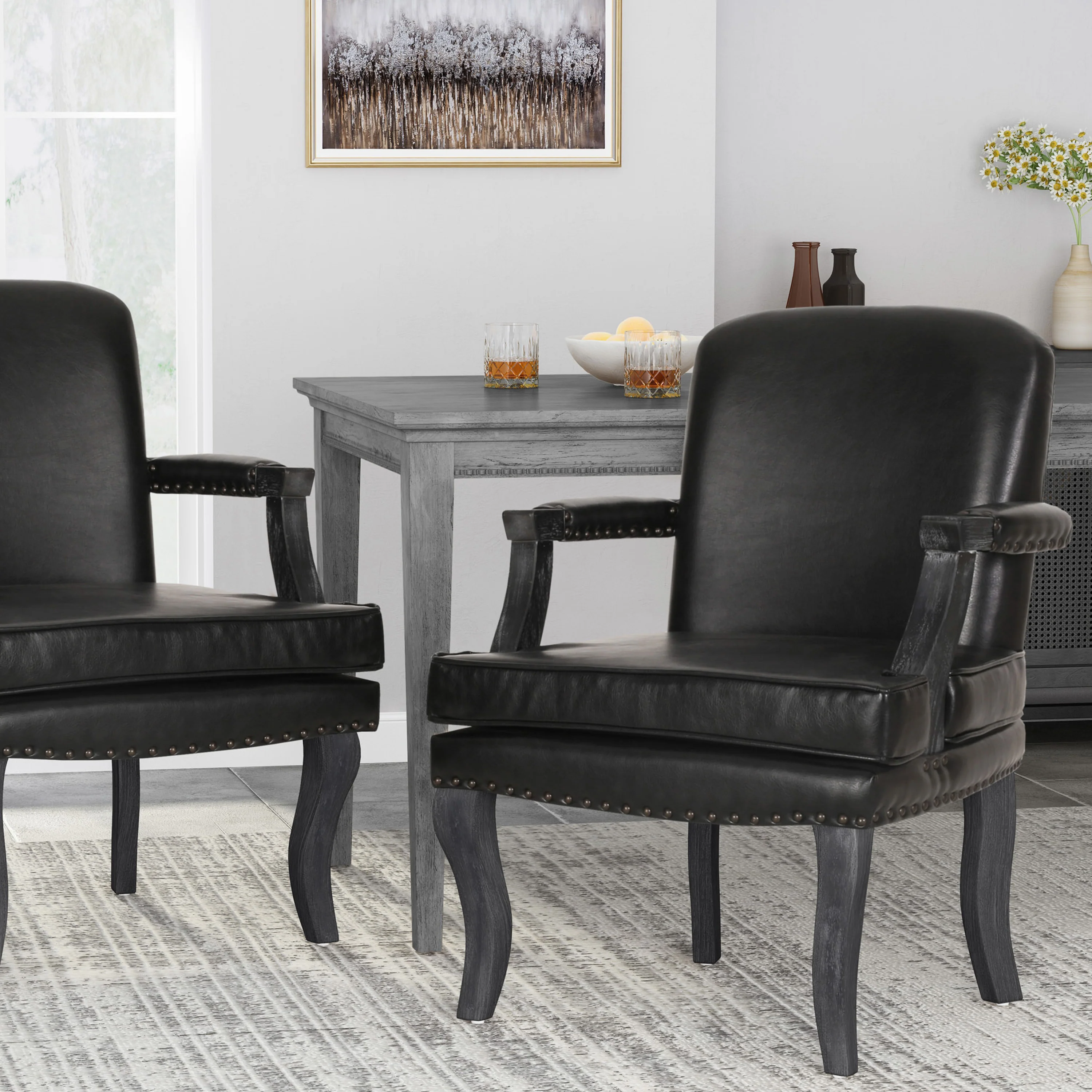 Tim French Country Upholstered Dining Arm Chair with Nailhead Trim - furnishings