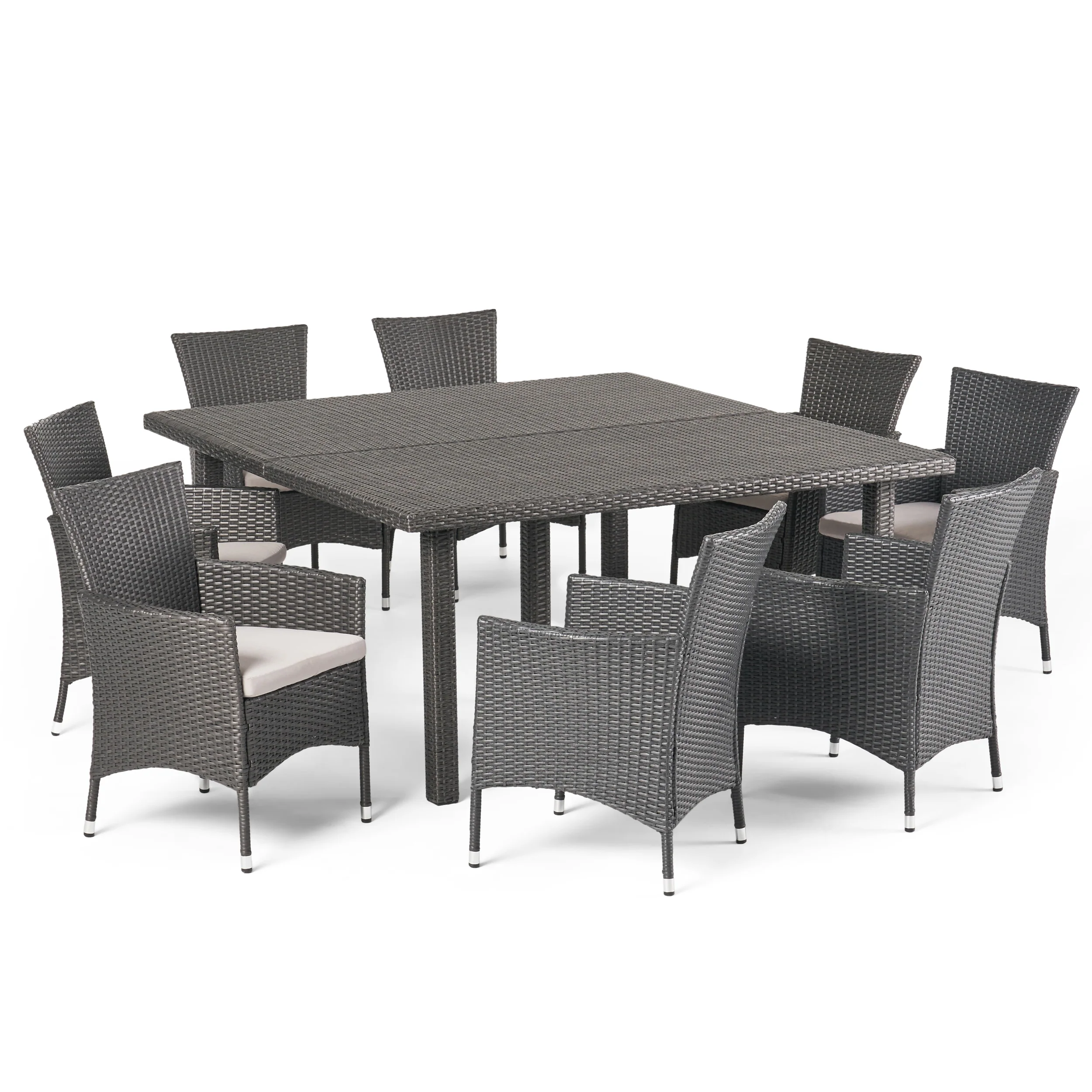 Noah Outdoor 9 Piece Grey Wicker Square Dining Set with Silver Water Resistant Cushions - furnishings