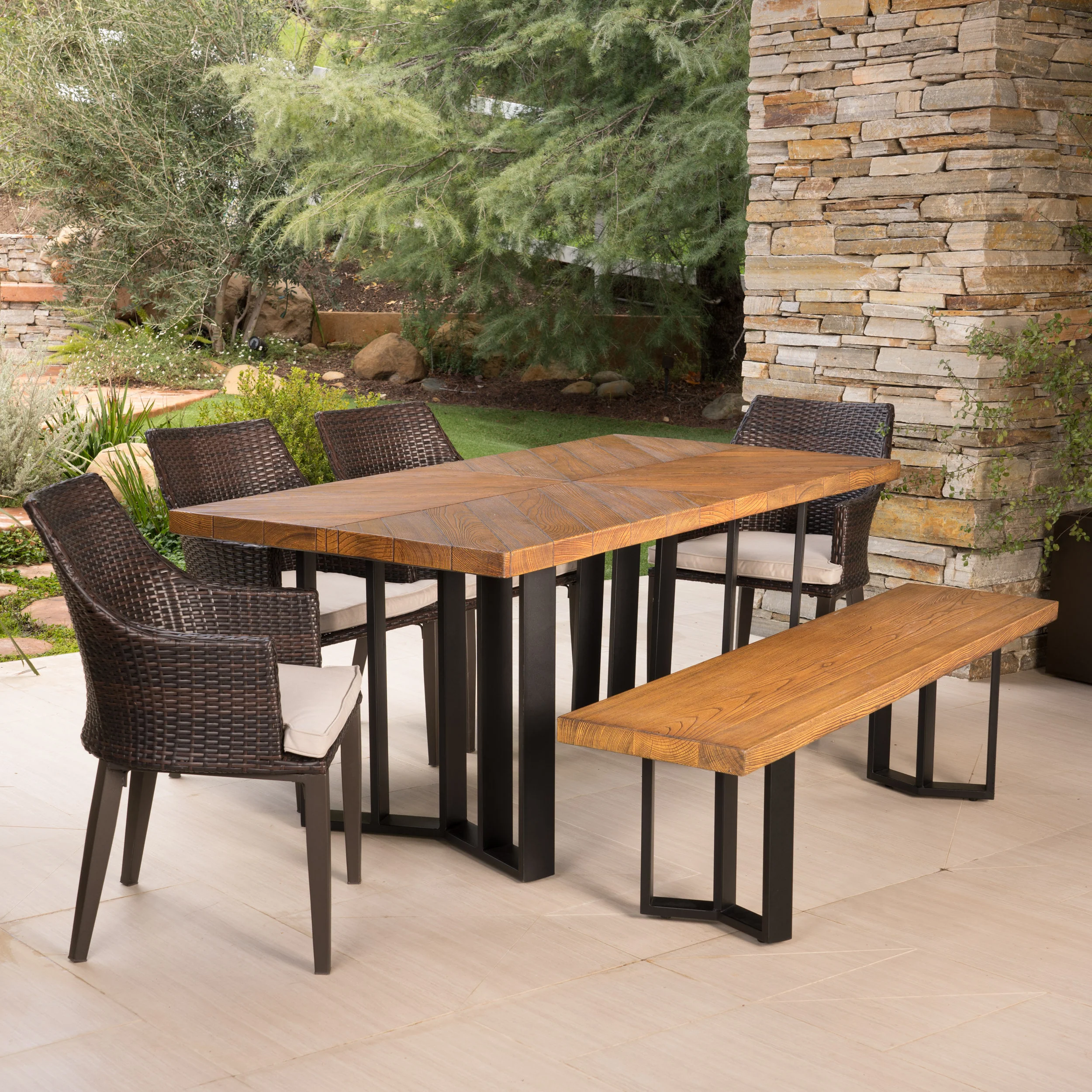 Valby Outdoor 6 Piece Wicker Dining Set with Concrete Dining Table and Bench - furnishings