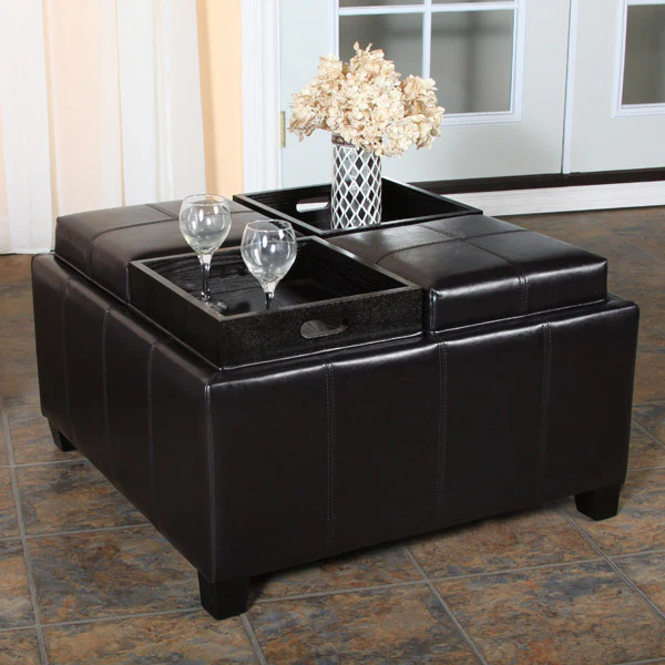 Harley Leather Espresso Tray Top Storage Ottoman - furnishings
