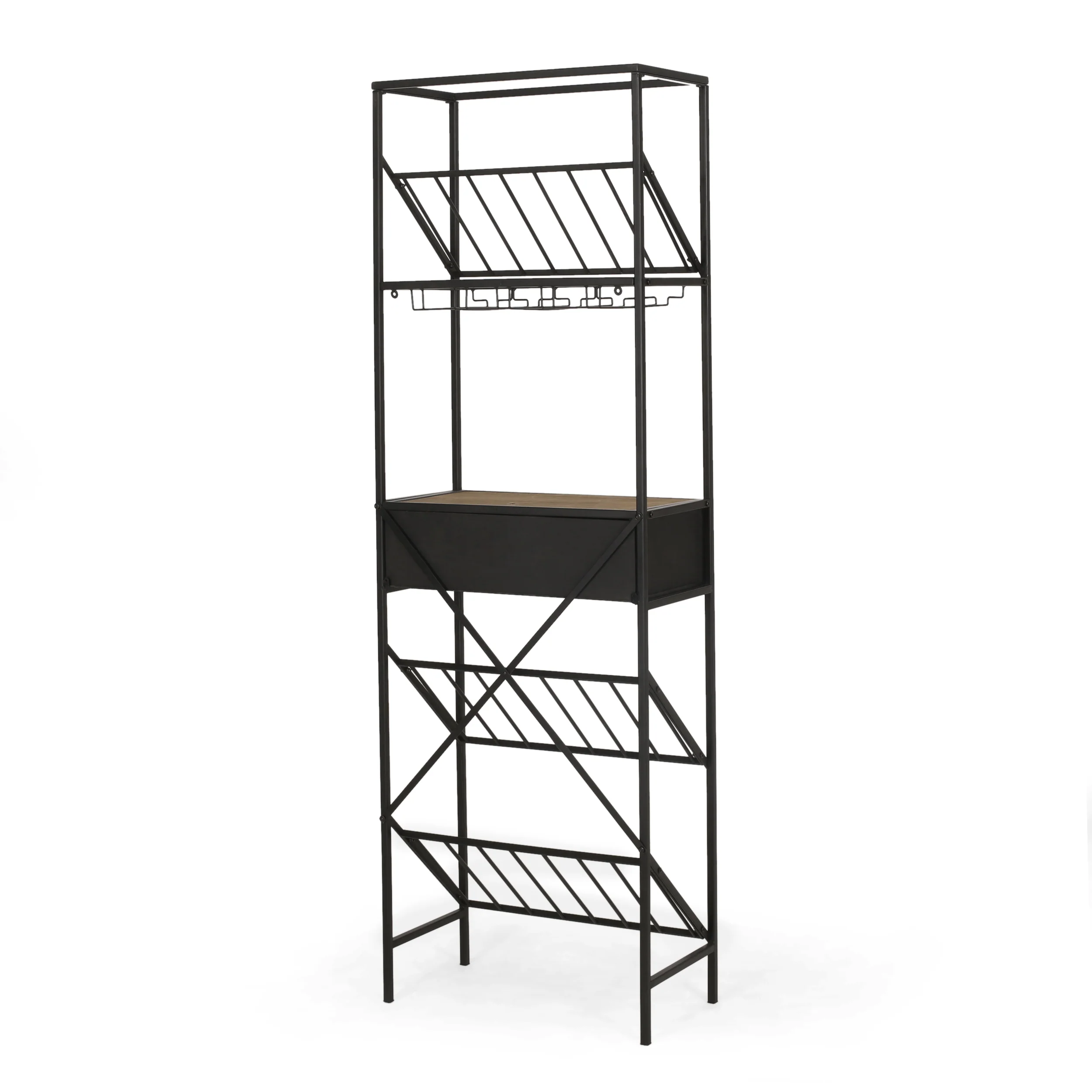 Broadwater Boho Industrial 21 Bottle Floor Wine Rack with Storage, Natural and Black - furnishings