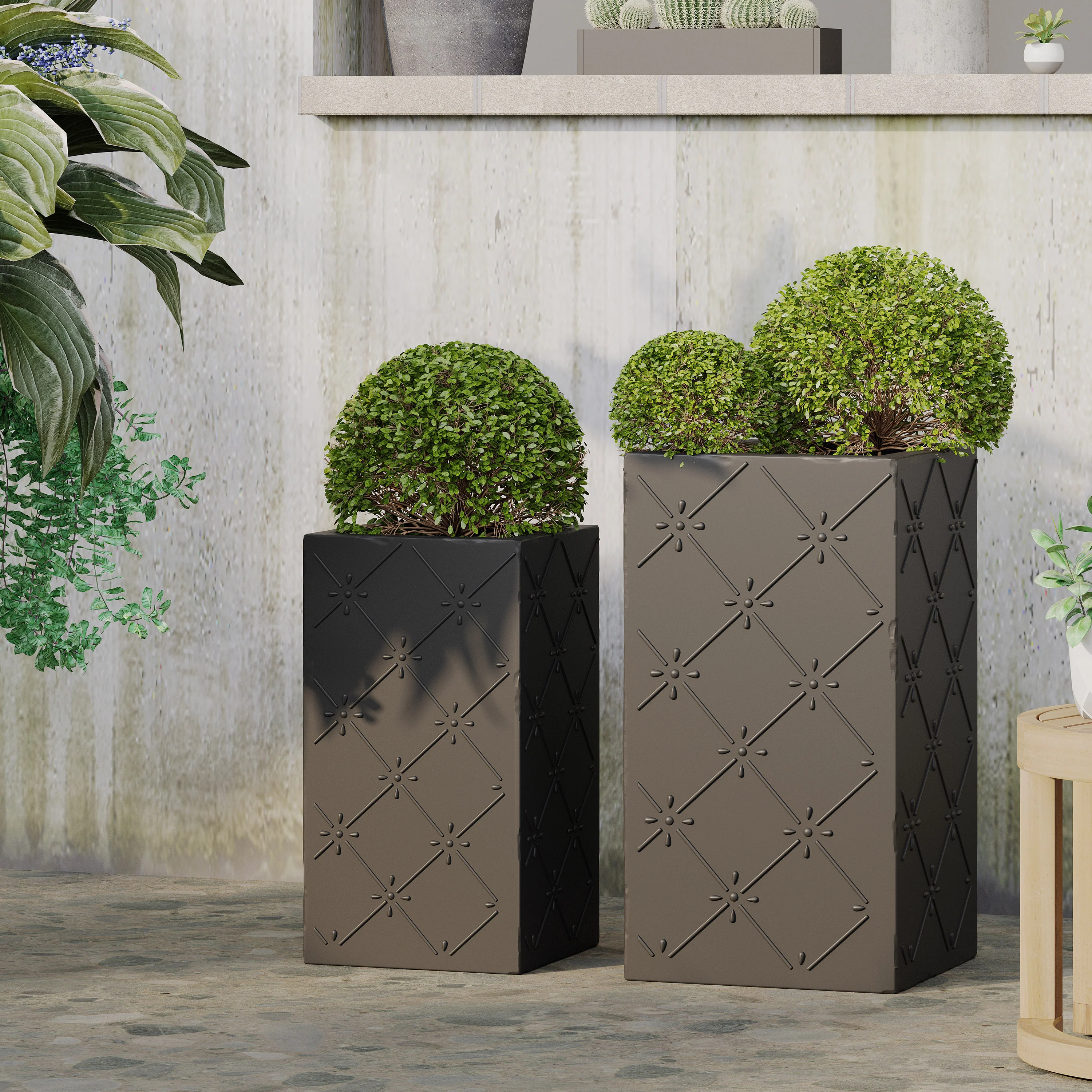 Hula Outdoor Cast Stone Small and Large Planter Set, Matte Black - furnishings