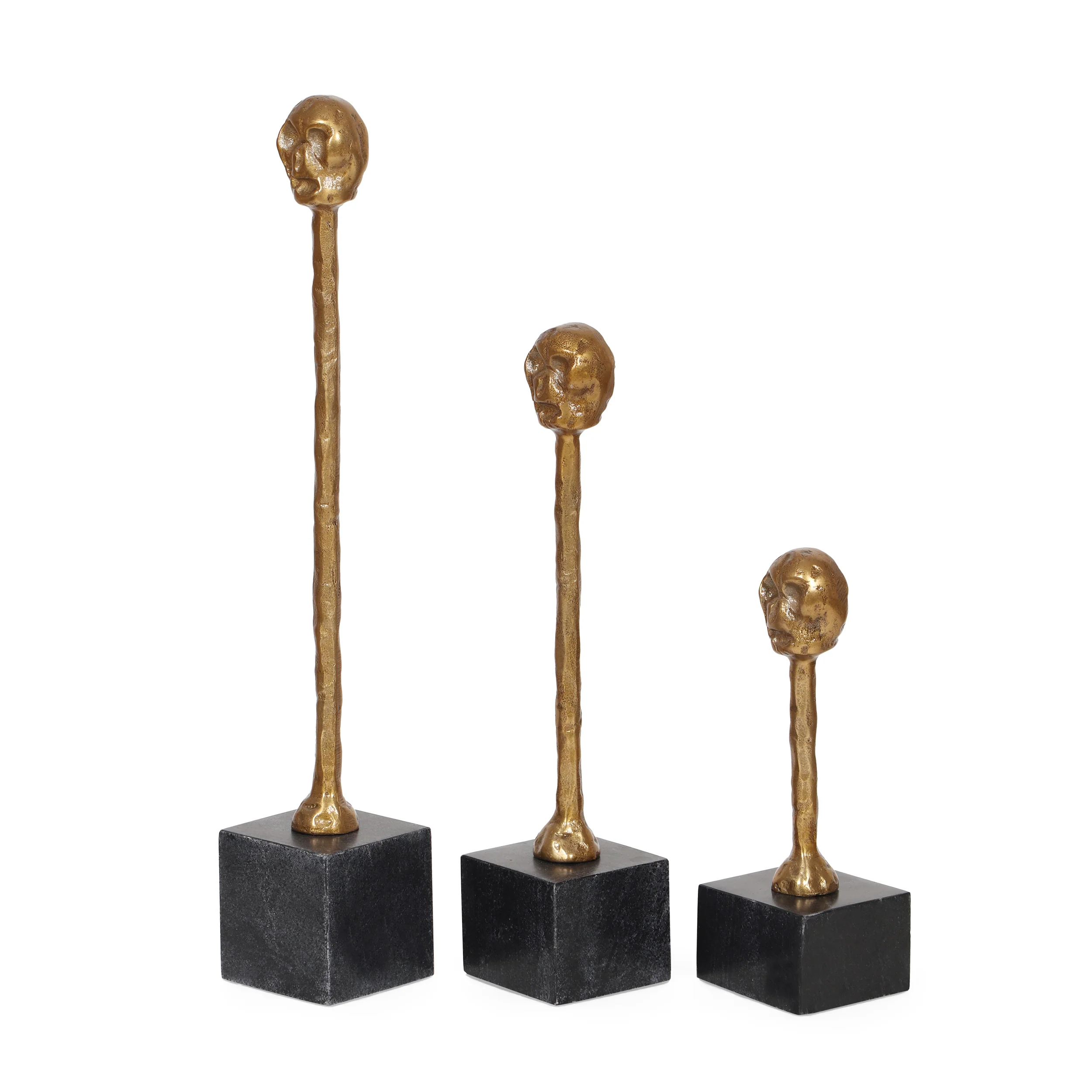 Litch Handmade Aluminum Skull Tabletop Decor on Marble Base (Set of 3), Raw Brass and Black - furnishings