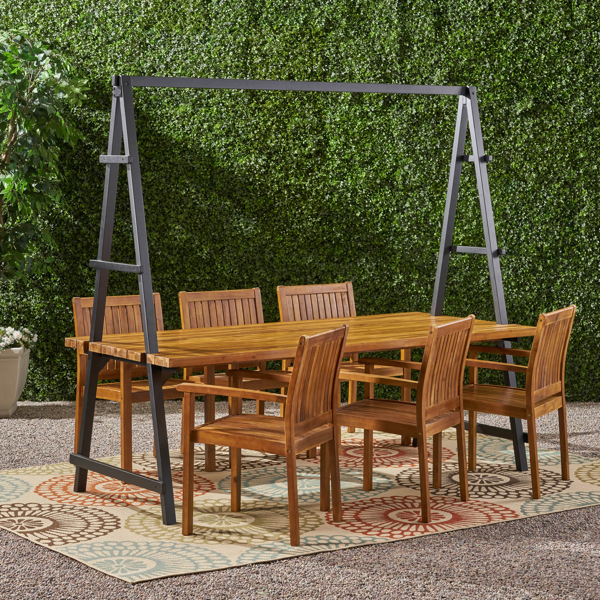 Brora Outdoor 6 Seater Acacia Wood and Iron Planter Dining Set - furnishings