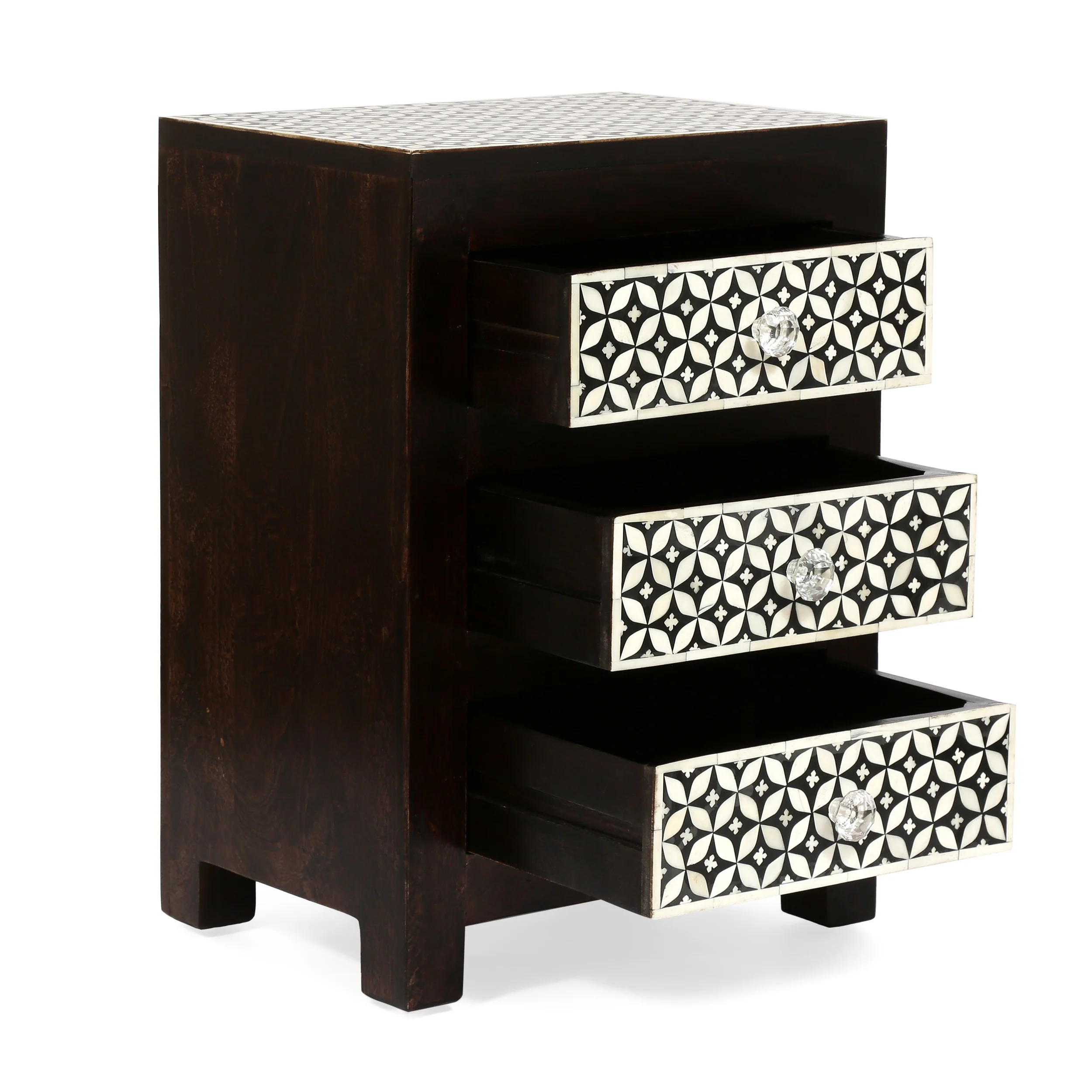 Kuna Handcrafted Boho 3 Drawer Mango Wood Nightstand - furnishings