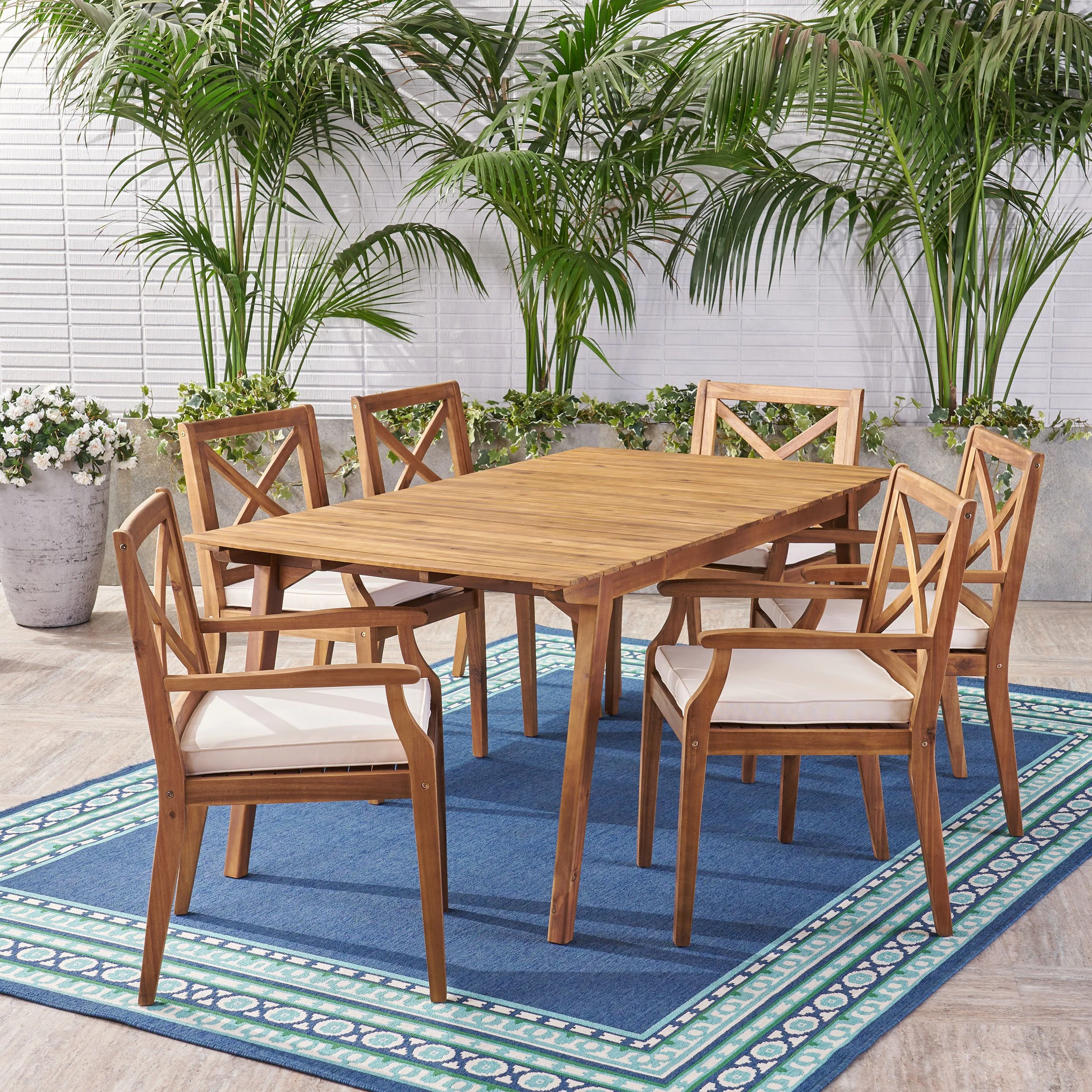 Brinkley Outdoor 7-Piece Acacia Wood Dining Set with Cushions - furnishings