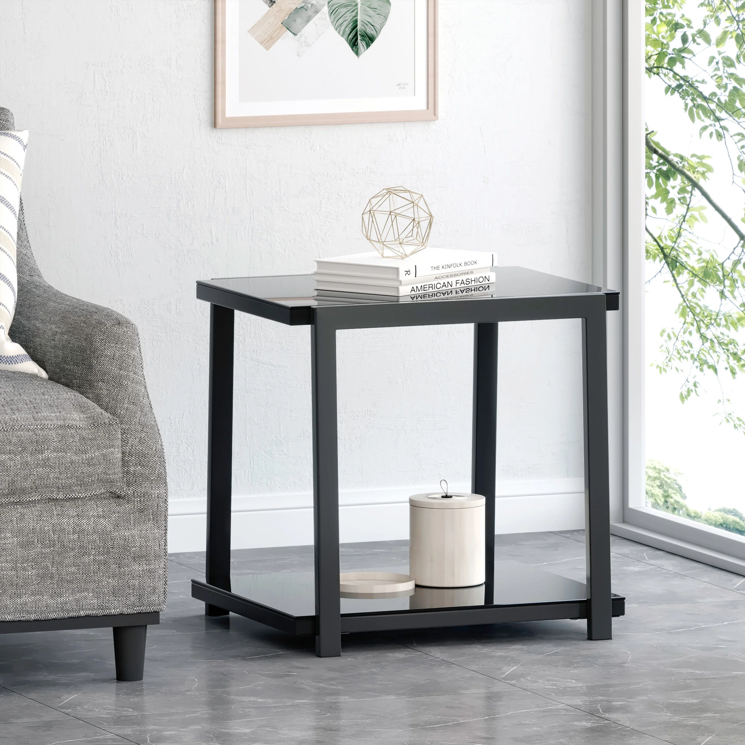 Tilley Modern Glass Top Side Table with Shelf, Black - furnishings