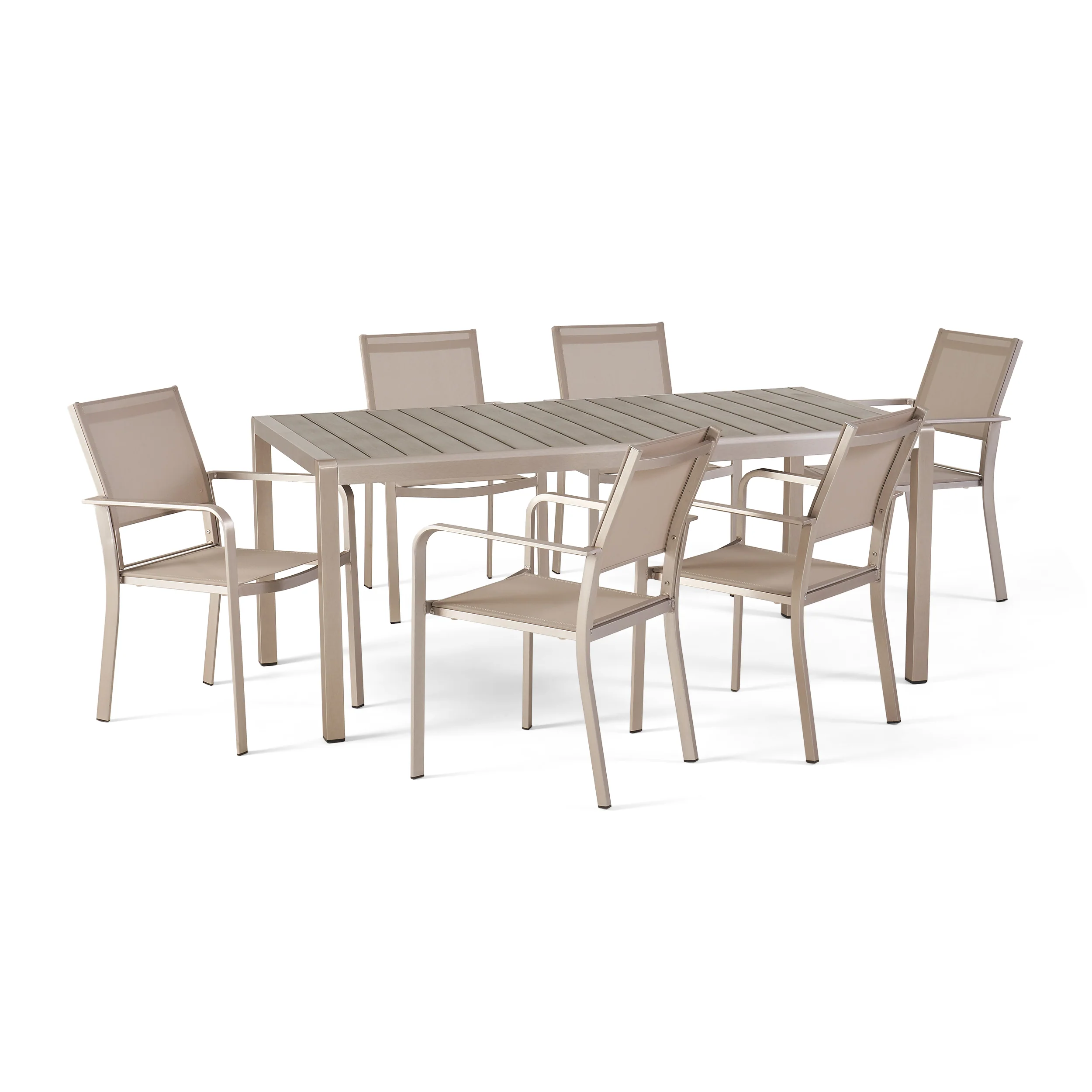 Thali Outdoor Modern 6 Seater Aluminum Dining Set with Faux Wood Table Top - furnishings