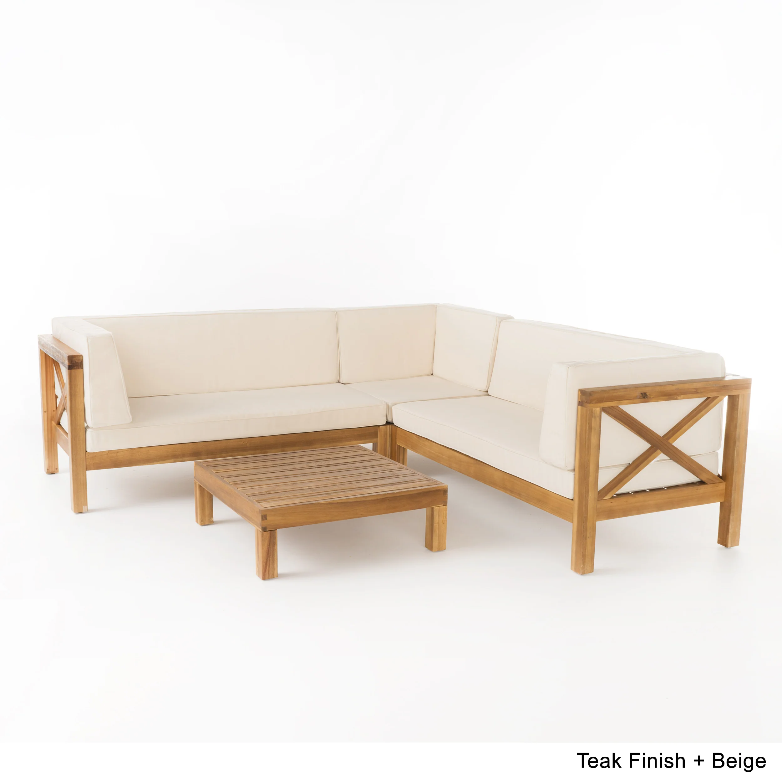 Brava Outdoor 4 Piece V-Shaped Acacia Wood Sectional Sofa and Coffee Table Set - furnishings
