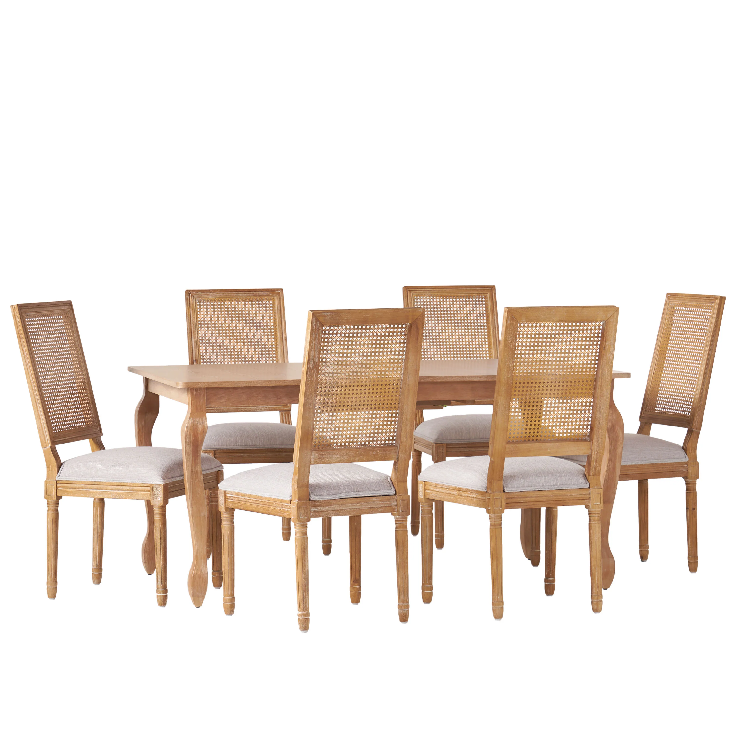Fernleaf French Country Fabric Upholstered Wood and Cane Expandable 7 Piece Dining Set - furnishings