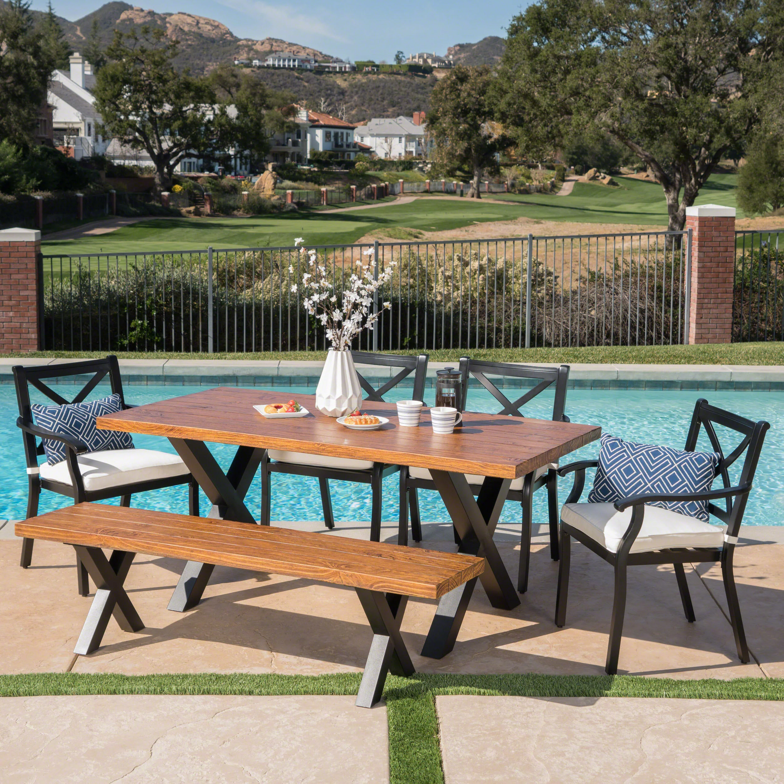 Sebastian Outdoor 6 Piece Aluminum Dining Set with Concrete Table and Bench - furnishings