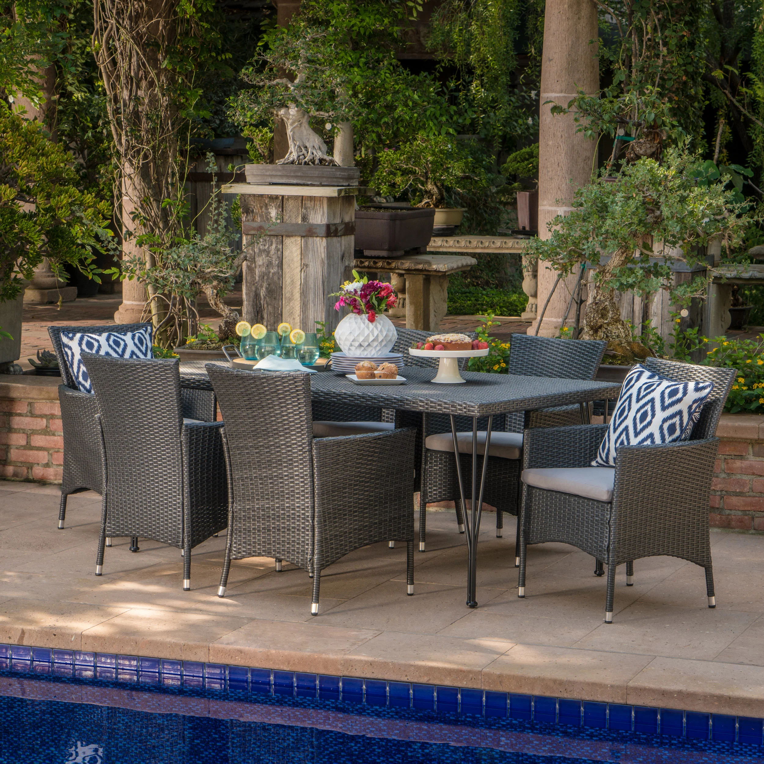 Bevern Outdoor 7 Piece Wicker Dining Set with Water Resistant Cushions - furnishings