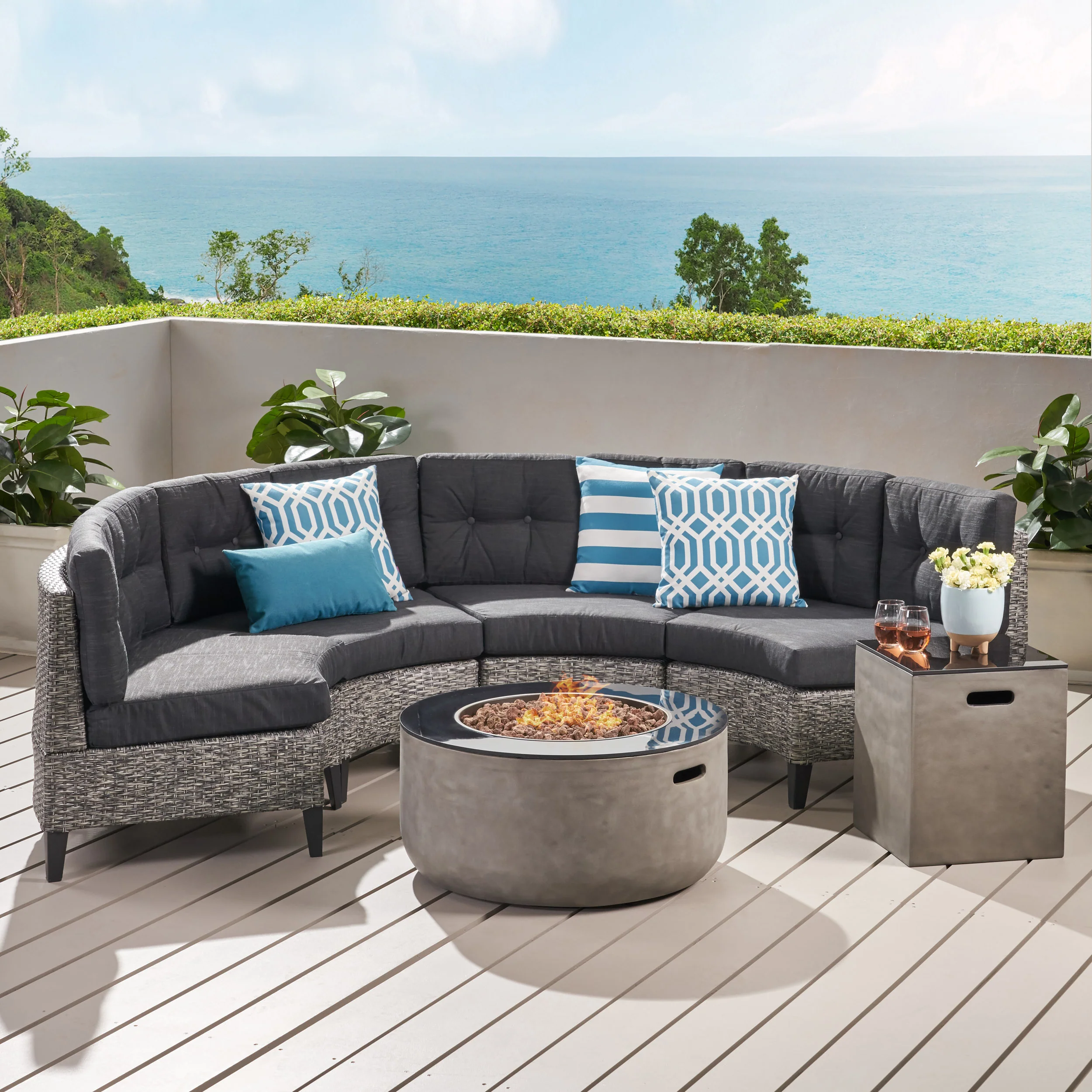 Breann Outdoor Round 4 Seater Wicker Sectional Set with Fire Pit and Tank Holder - furnishings