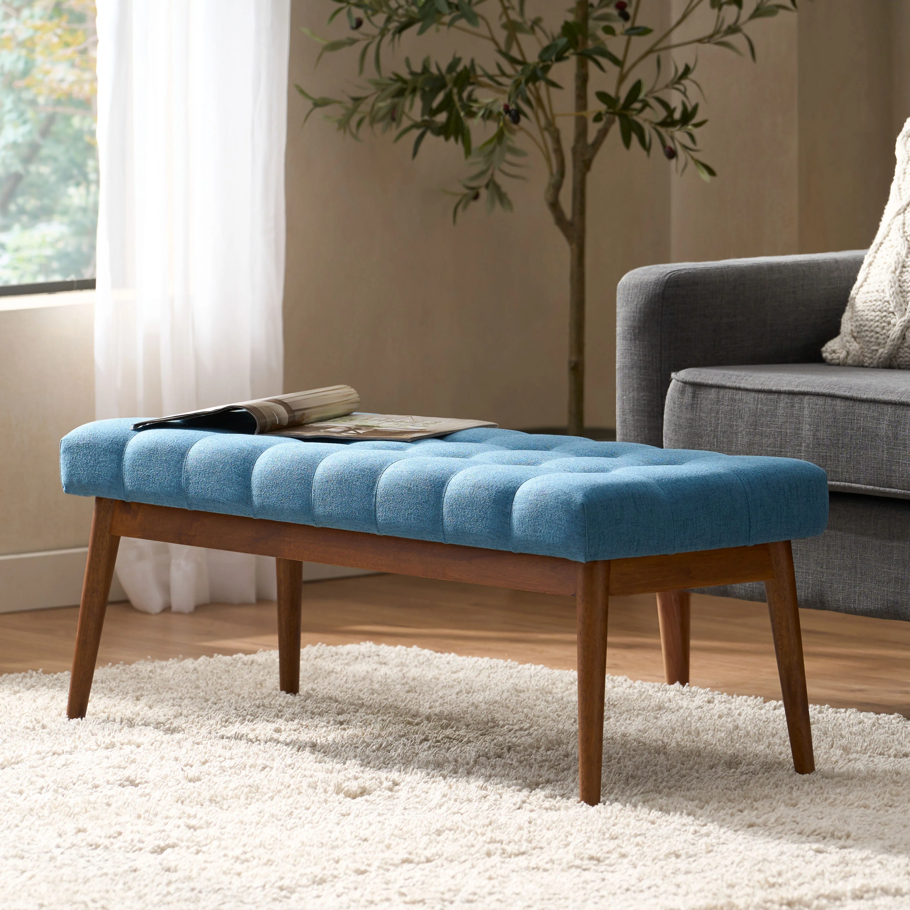 Flora Mid-Century Button Tufted Fabric Ottoman Bench with Tapered Legs - furnishings