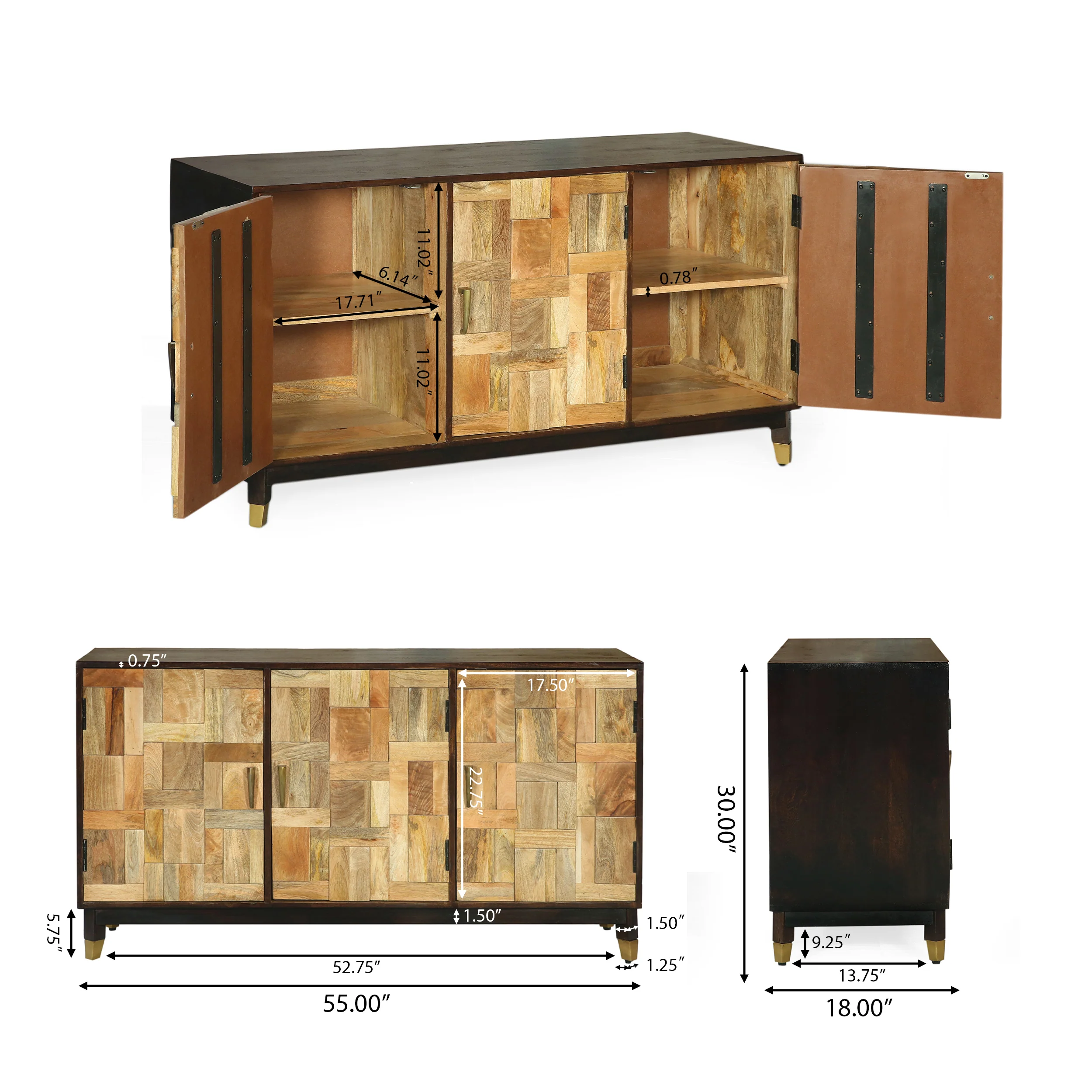Graniss Boho Handmade Mango Wood 3 Door Sideboard, Walnut and Natural - furnishings