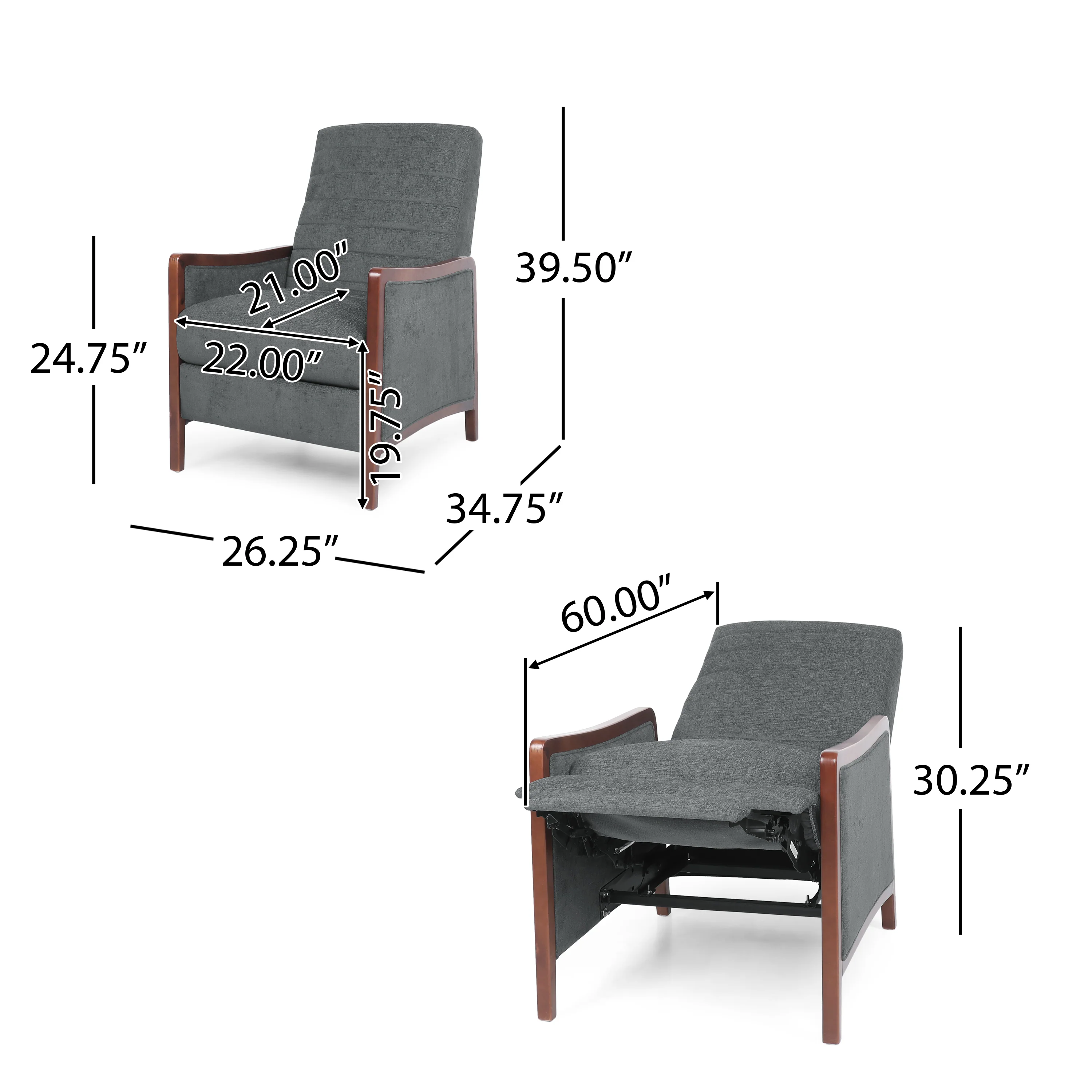 Mendota Mid Century Modern Fabric Channel Stitch Wood Pushback Recliner - furnishings