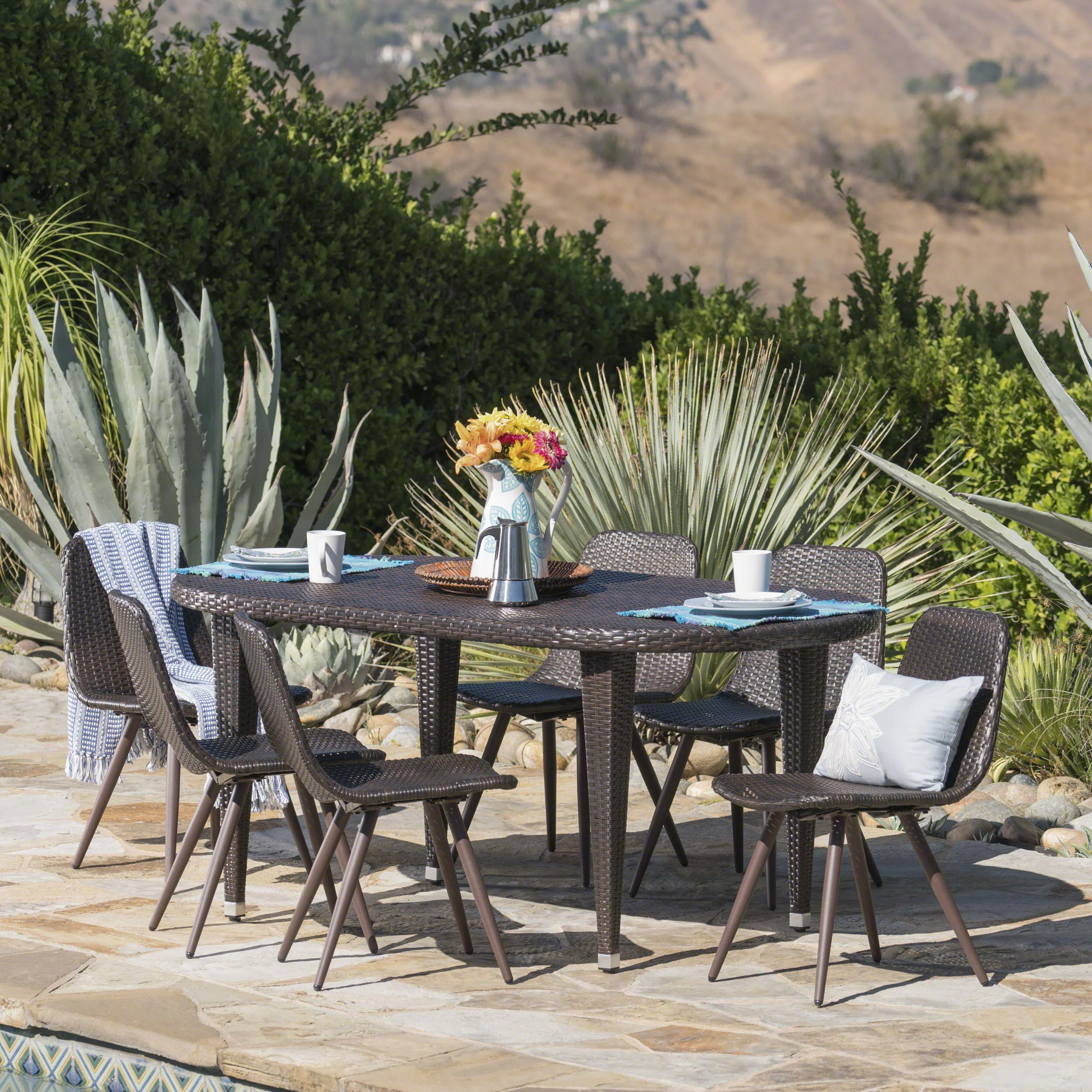 Lynda Outdoor 7 Piece Wicker Oval Dining Set with Wood Finished Legs - furnishings