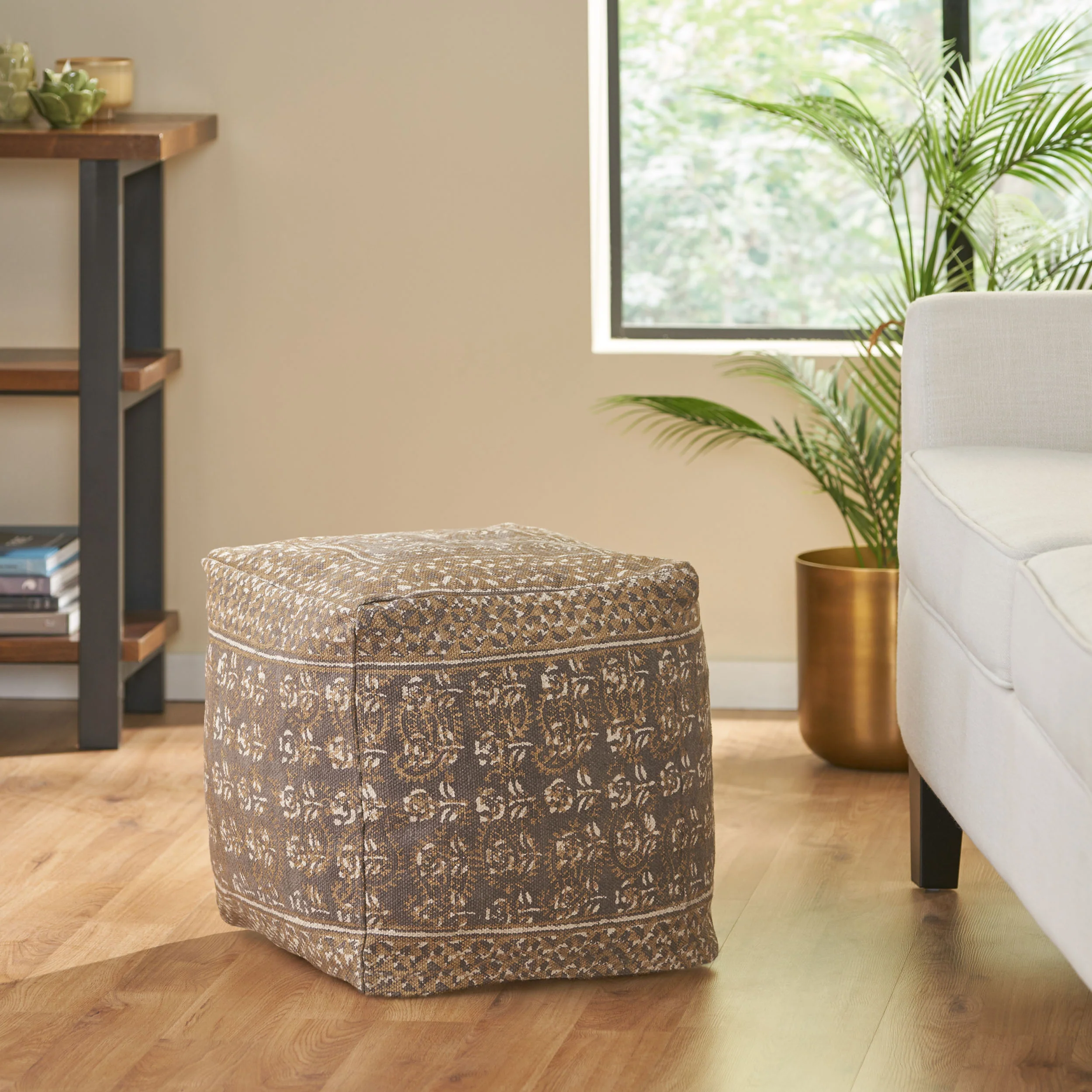 Hinton Handcrafted Boho Fabric Cube Pouf - furnishings