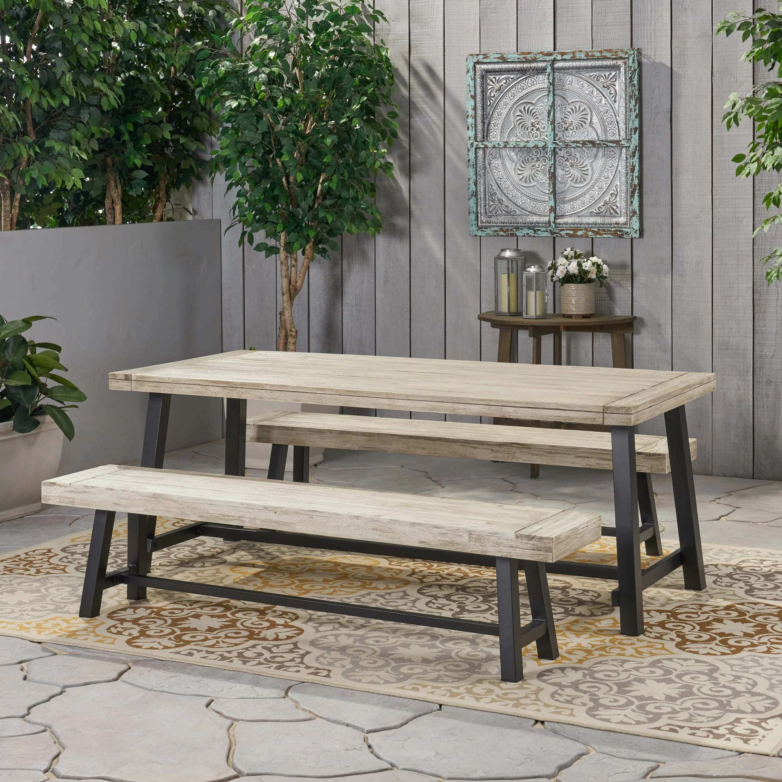 Bowman Farmhouse Outdoor Acacia Wood Picnic Dining Set - furnishings