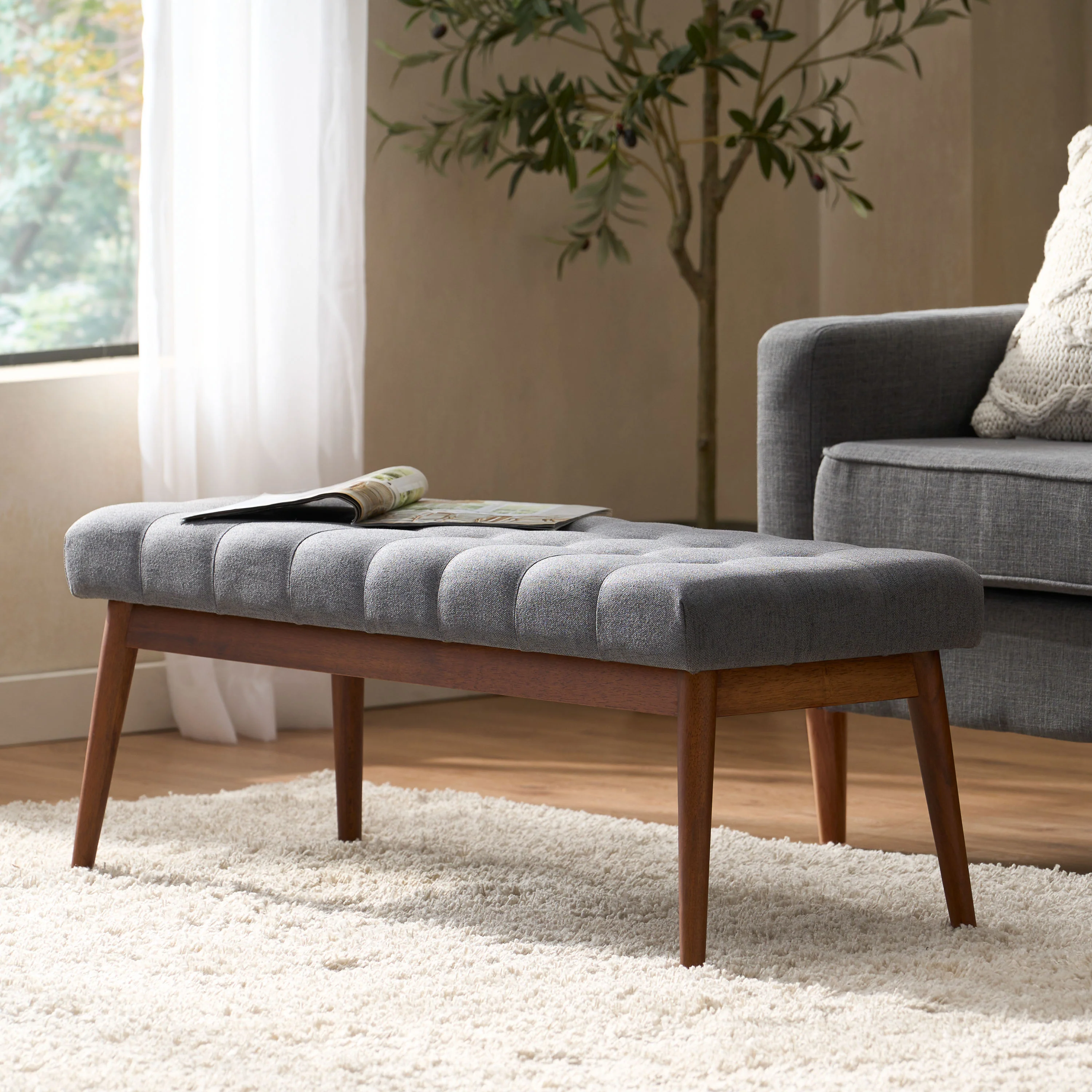 Flora Mid-Century Button Tufted Fabric Ottoman Bench with Tapered Legs - furnishings