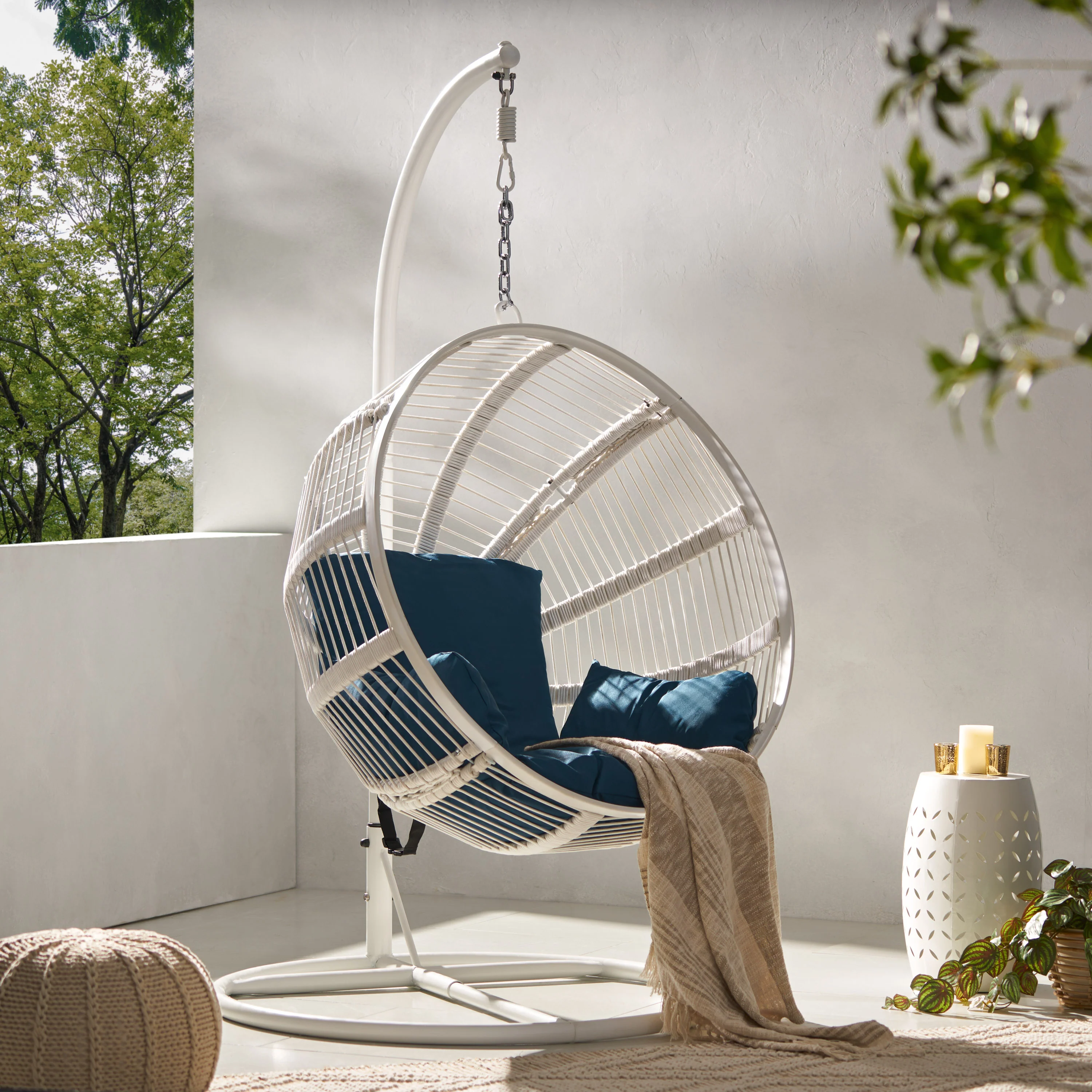 Ansonia Outdoor Rope Weave Hanging Chair with Stand - furnishings