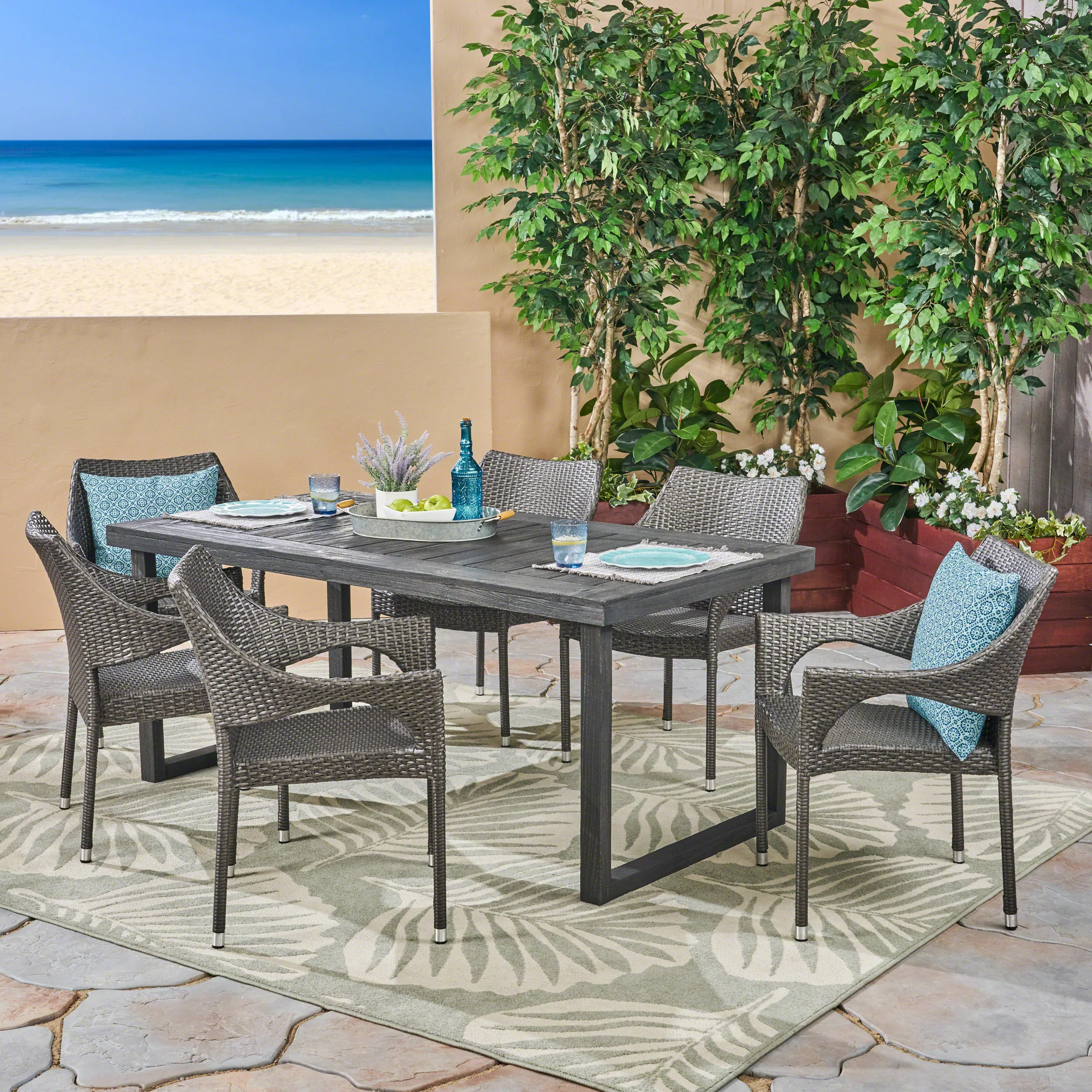 Joa Outdoor 7 Piece Acacia Wood Dining Set with Stacking Wicker Chairs, Sandblast Dark Gray and Gray - furnishings