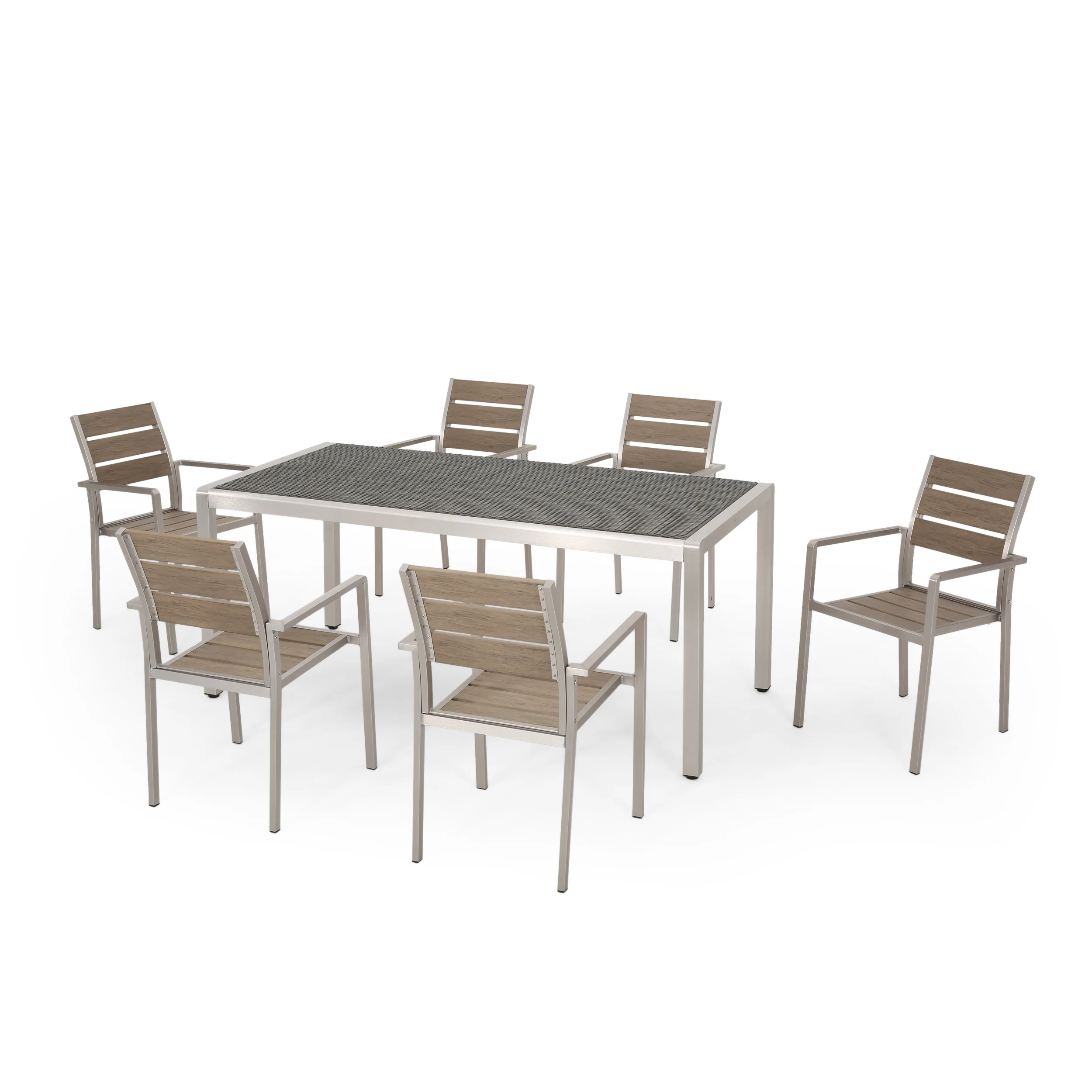 Cherie Outdoor Modern Aluminum 6 Seater Dining Set with Faux Wood Seats - furnishings