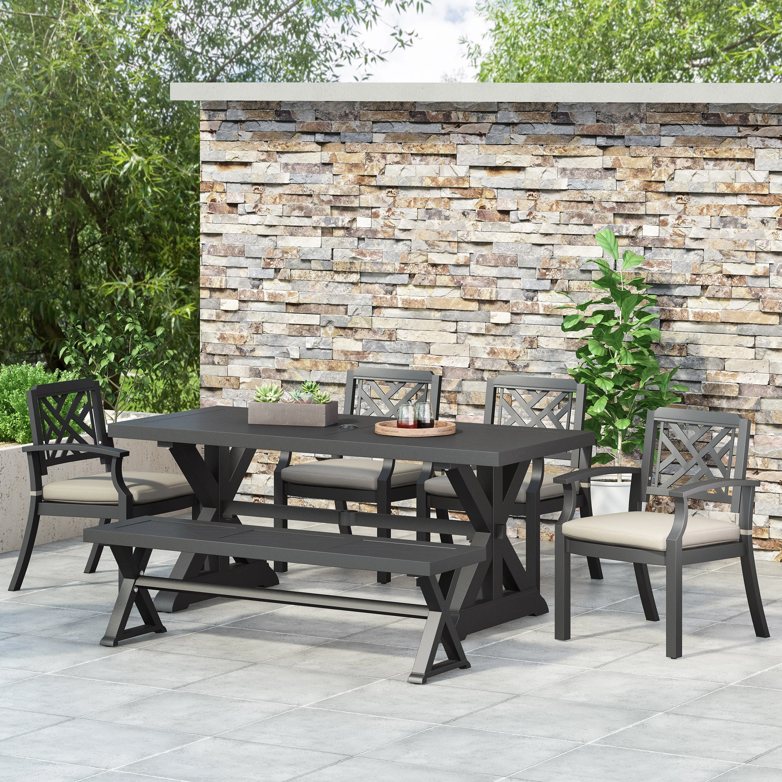 Arlene Waterford Outdoor Aluminum 6 Piece Dining Set with Bench - furnishings