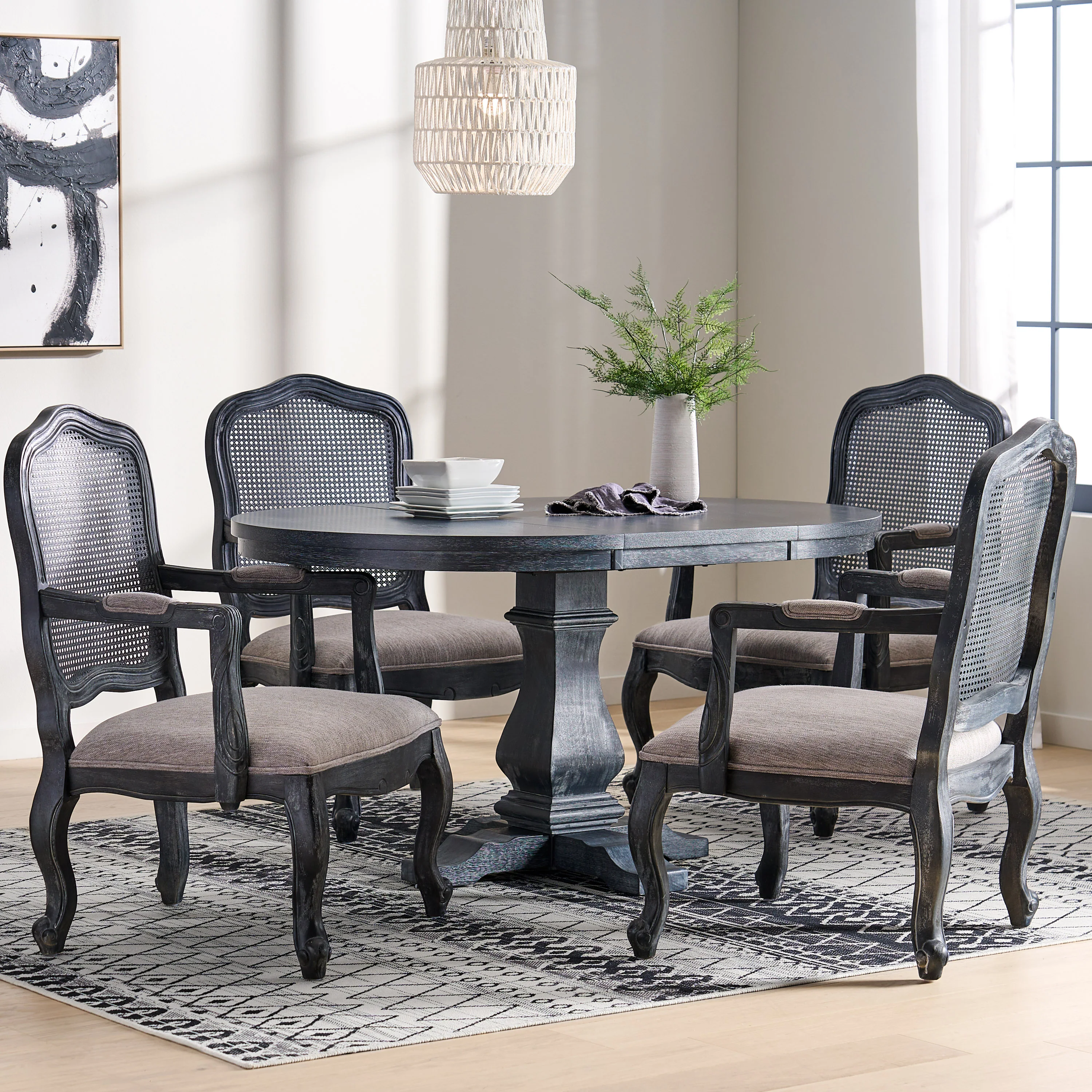 Biorn French Country Wood and Cane 5-Piece Expandable Oval Dining Set - furnishings