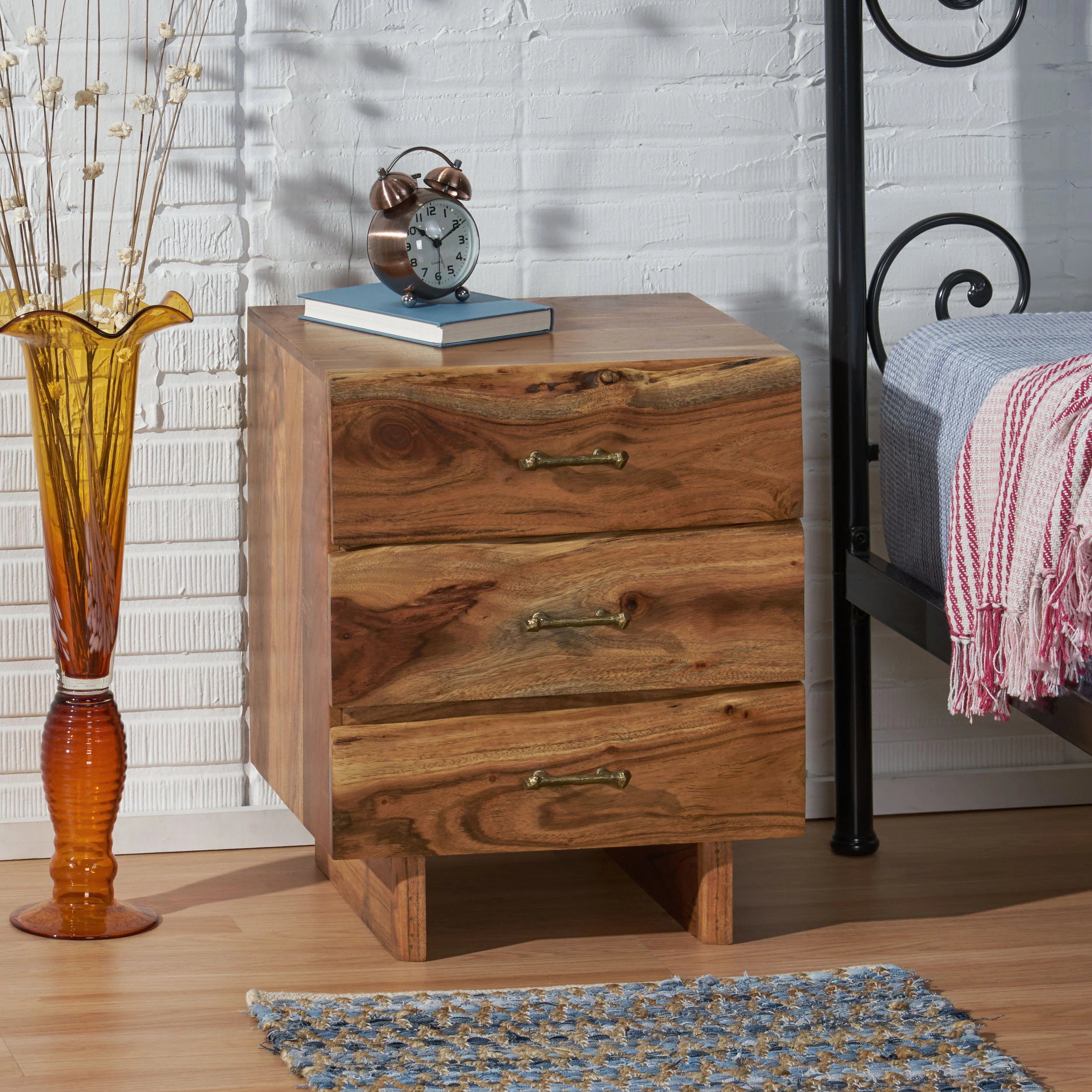 Tift Terrell Handcrafted Boho Acacia Wood 3 Drawer Nightstand - furnishings