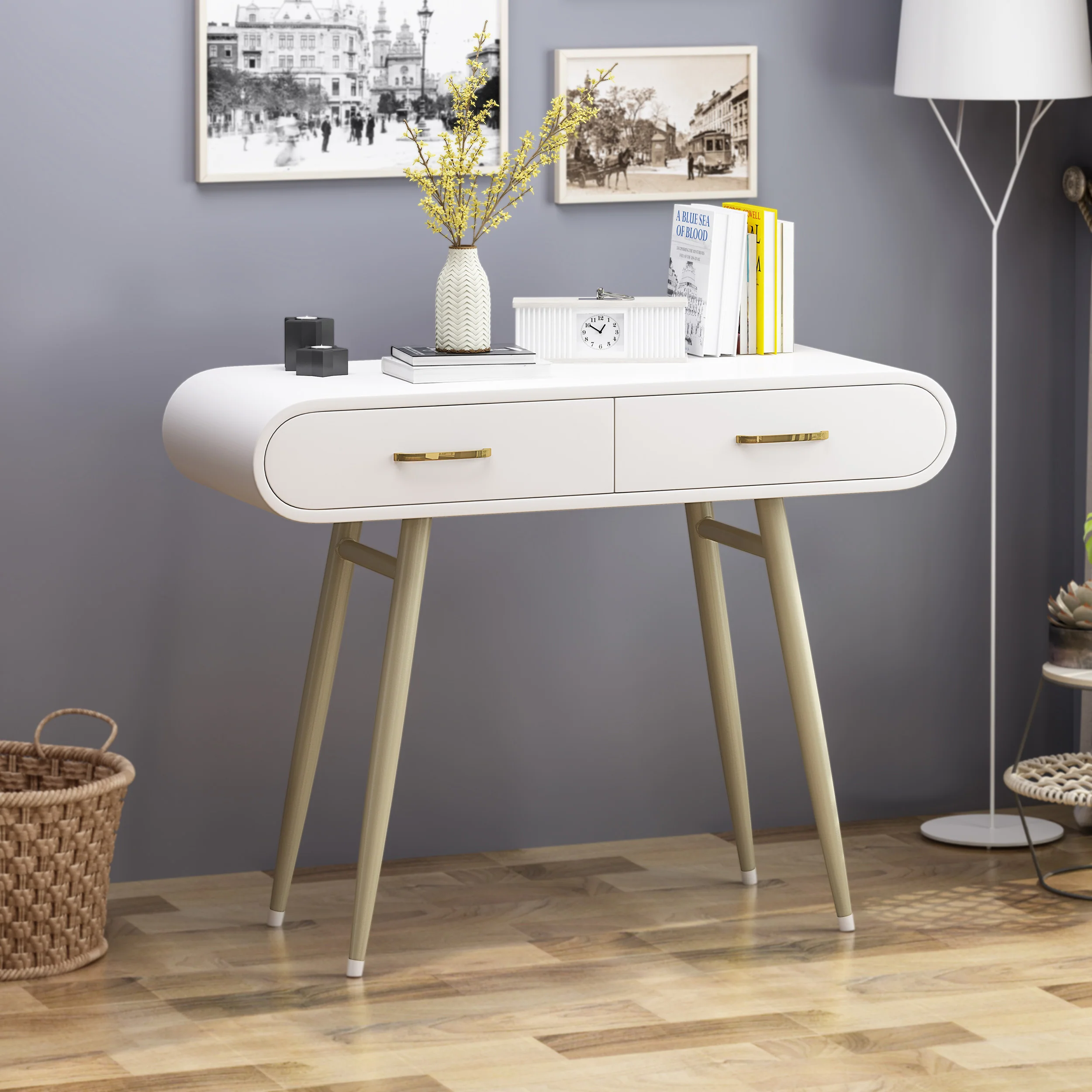 Nola Modern Faux Wood Vanity Table, White and Champagne Gold - furnishings