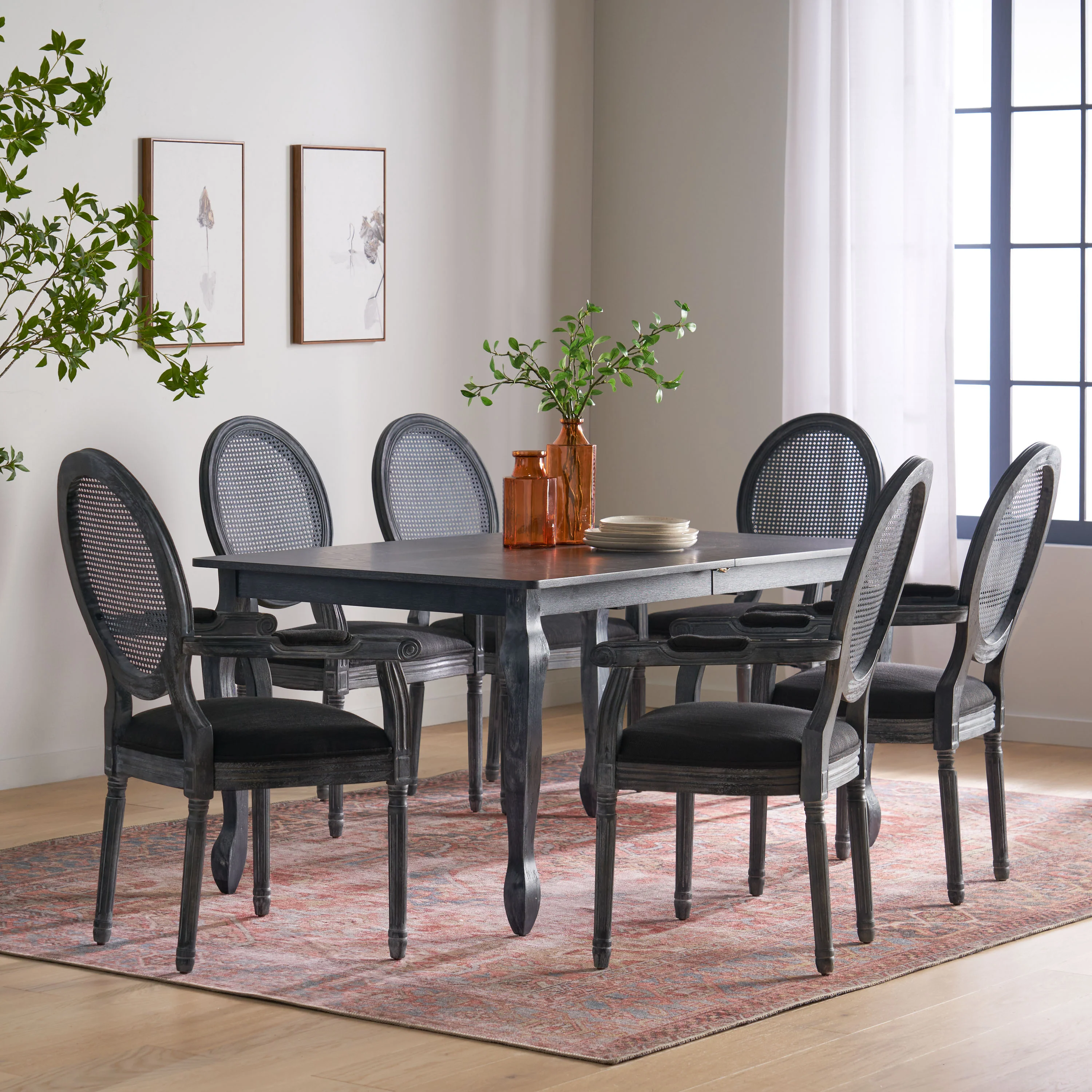 Comisky French Country Fabric Upholstered Wood and Cane Expandable 7 Piece Dining Set - furnishings