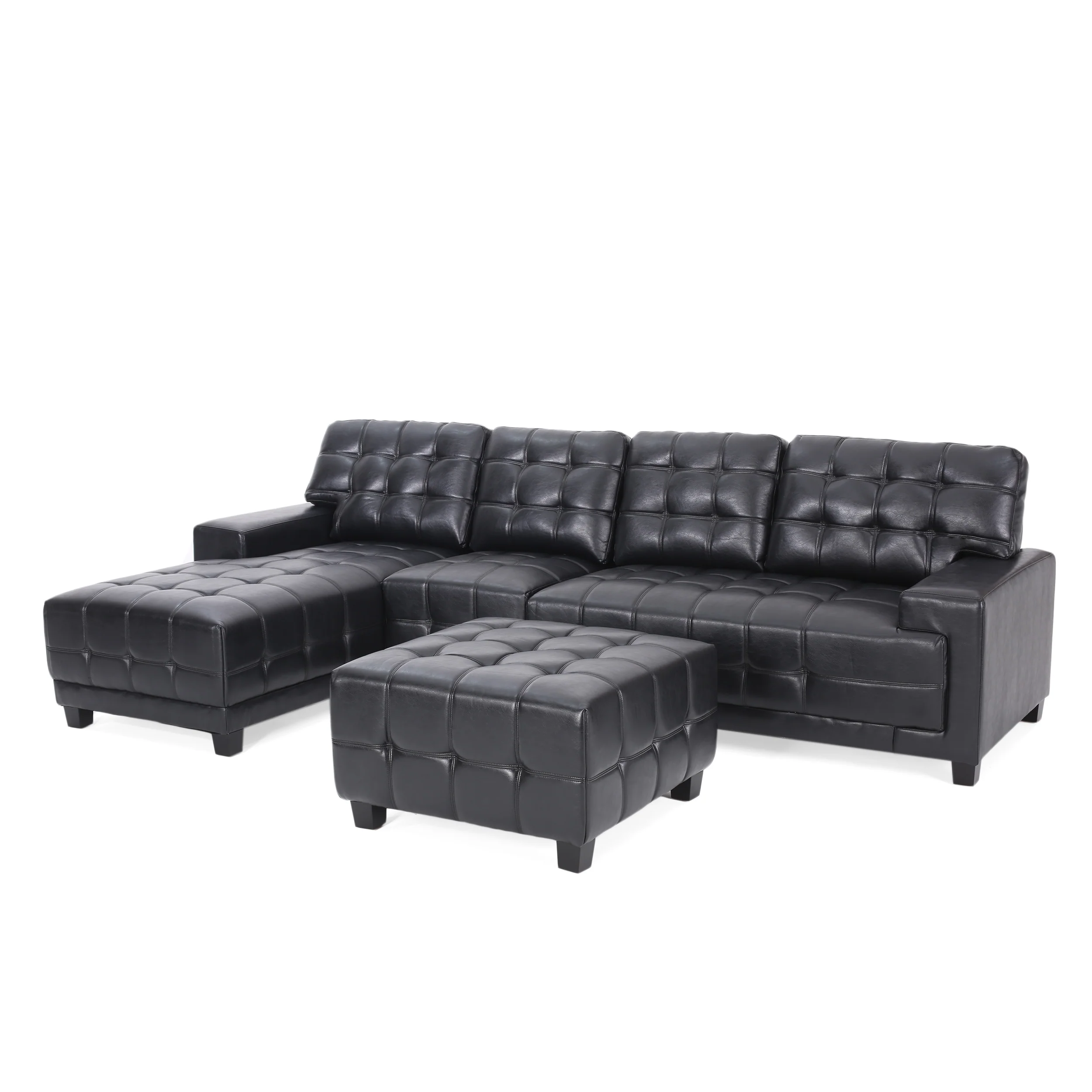 Littell Contemporary Faux Leather Tufted 4 Seater Sofa and Chaise Lounge Sectional Set with Ottoman - furnishings