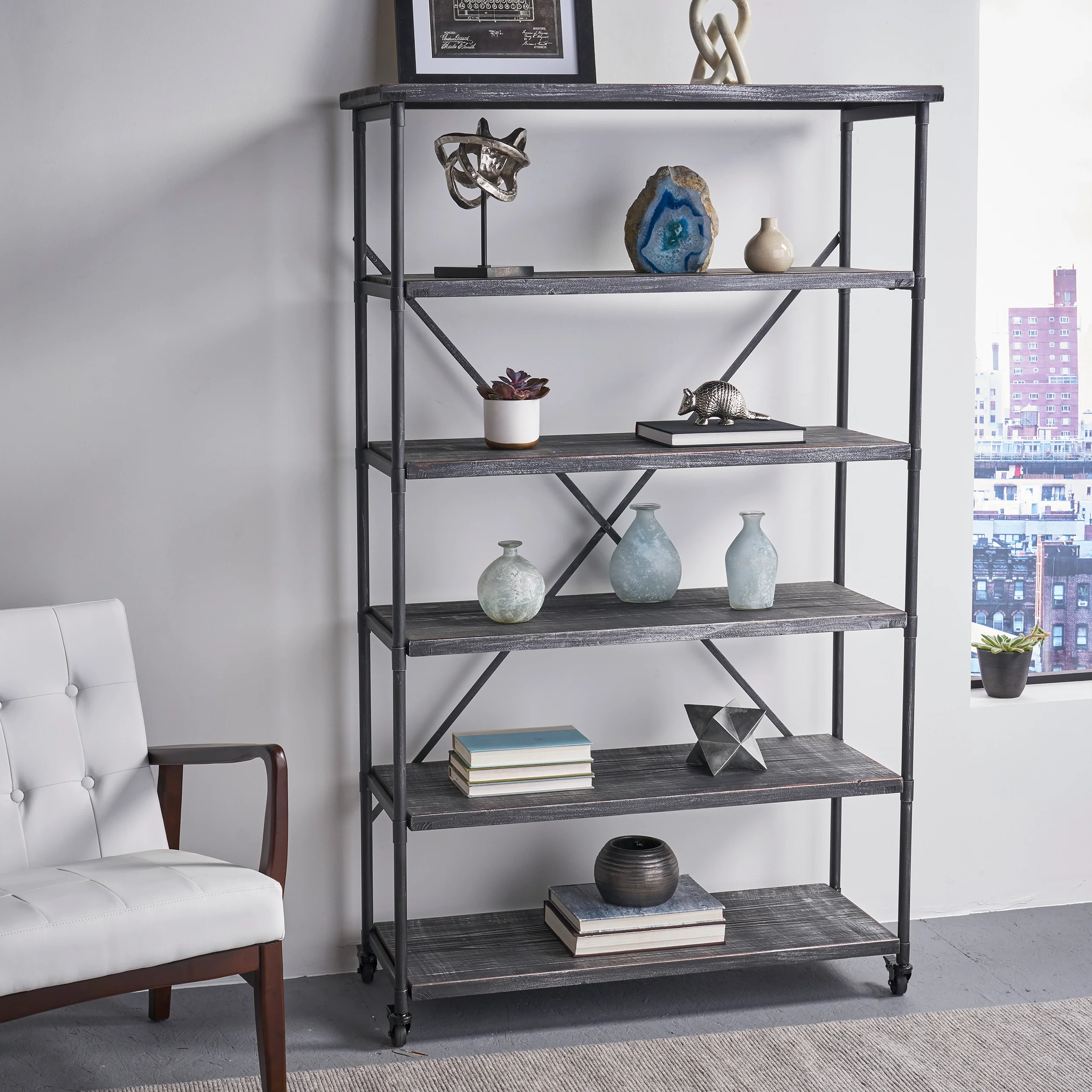 Sullivan Industrial Design 5-Shelf Etagere Bookcase On Wheels - furnishings
