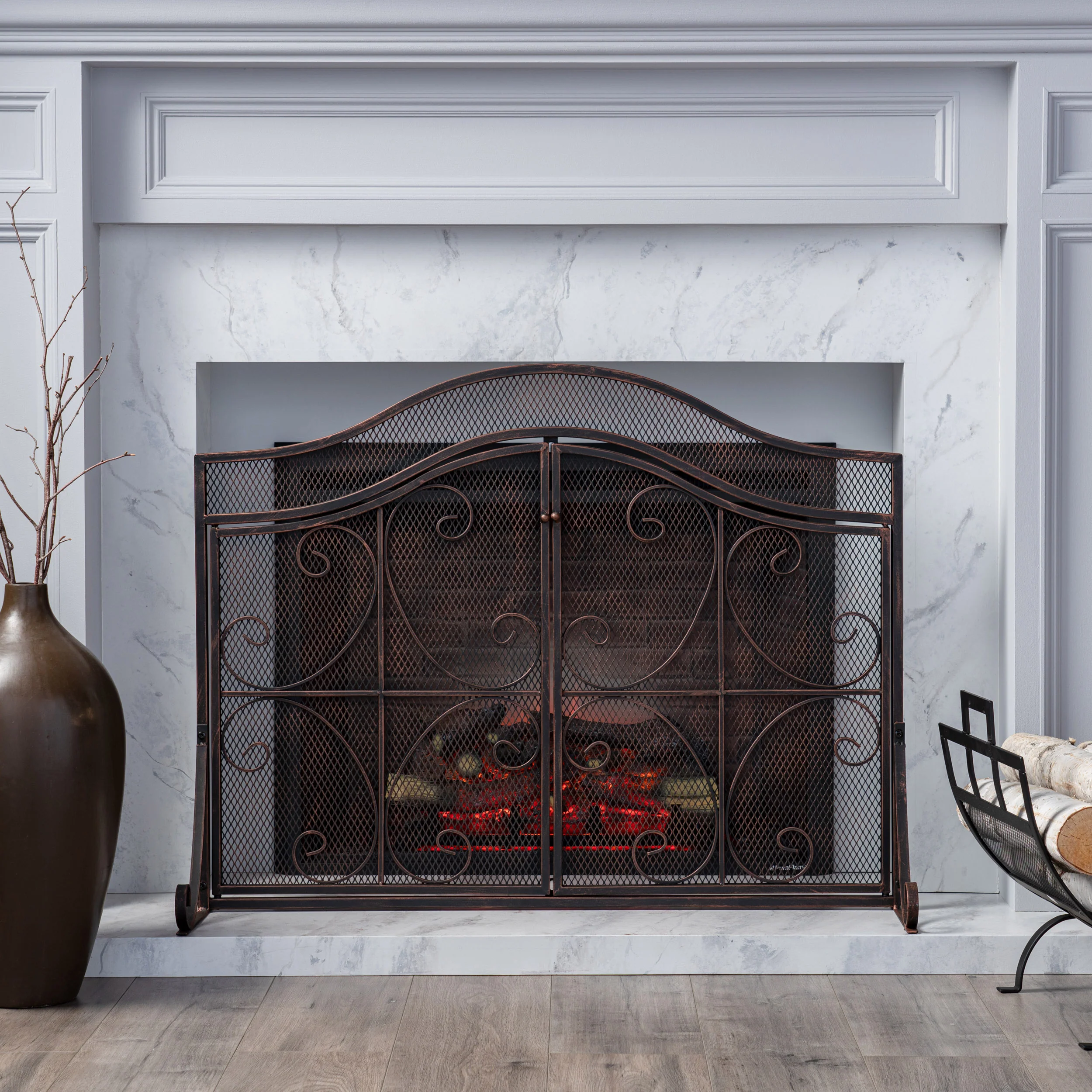 Gary Modern Three Panel Iron Firescreen with Door - furnishings