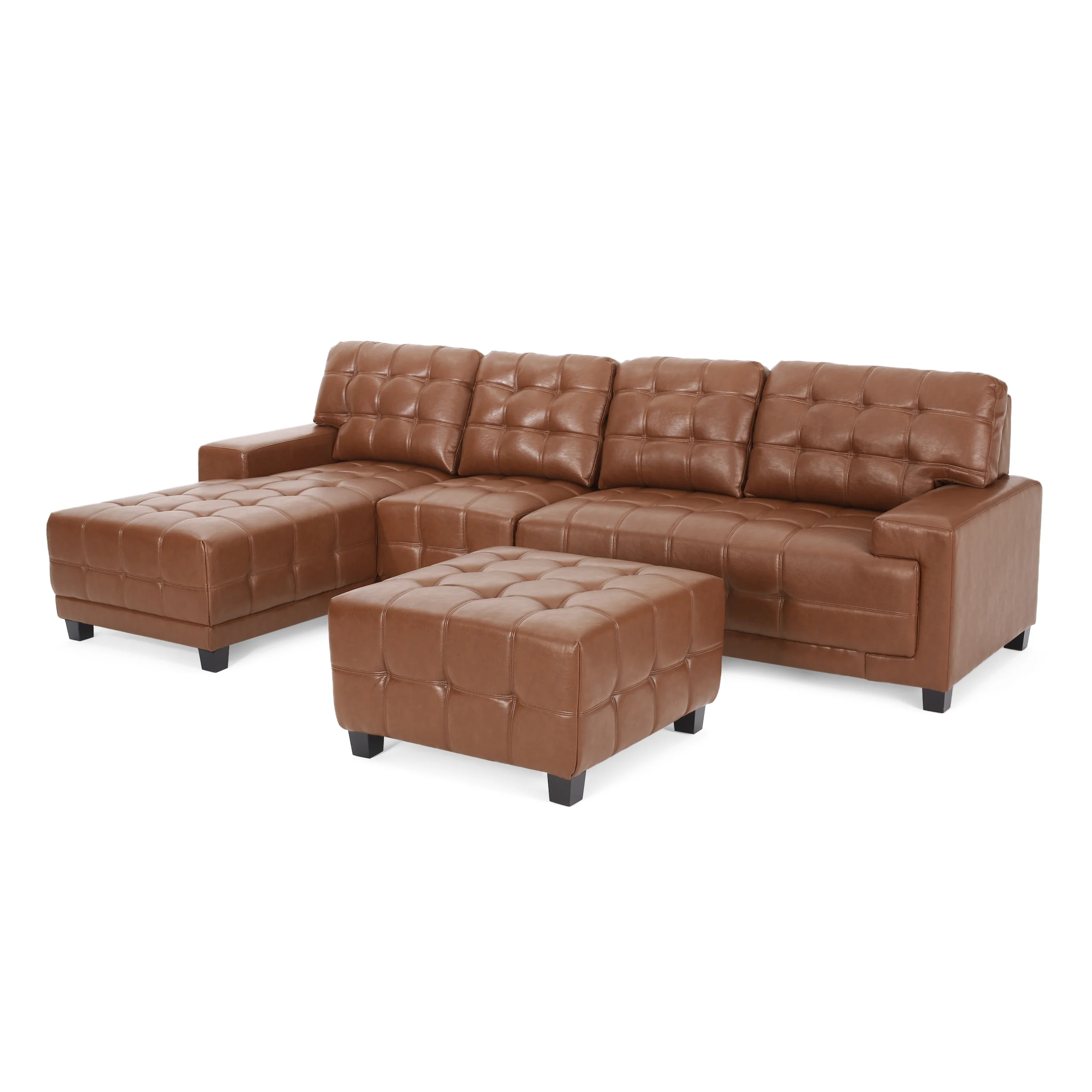 Littell Contemporary Faux Leather Tufted 4 Seater Sofa and Chaise Lounge Sectional Set with Ottoman - furnishings