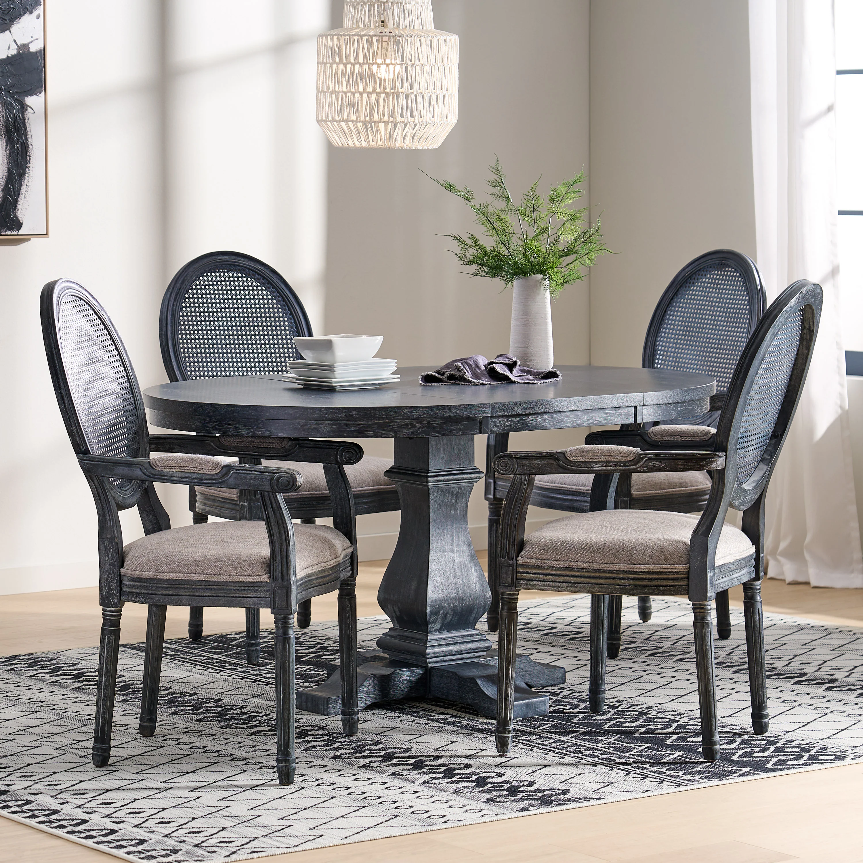 Ismay French Country Wood and Cane 5-Piece Expandable Oval Dining Set - furnishings