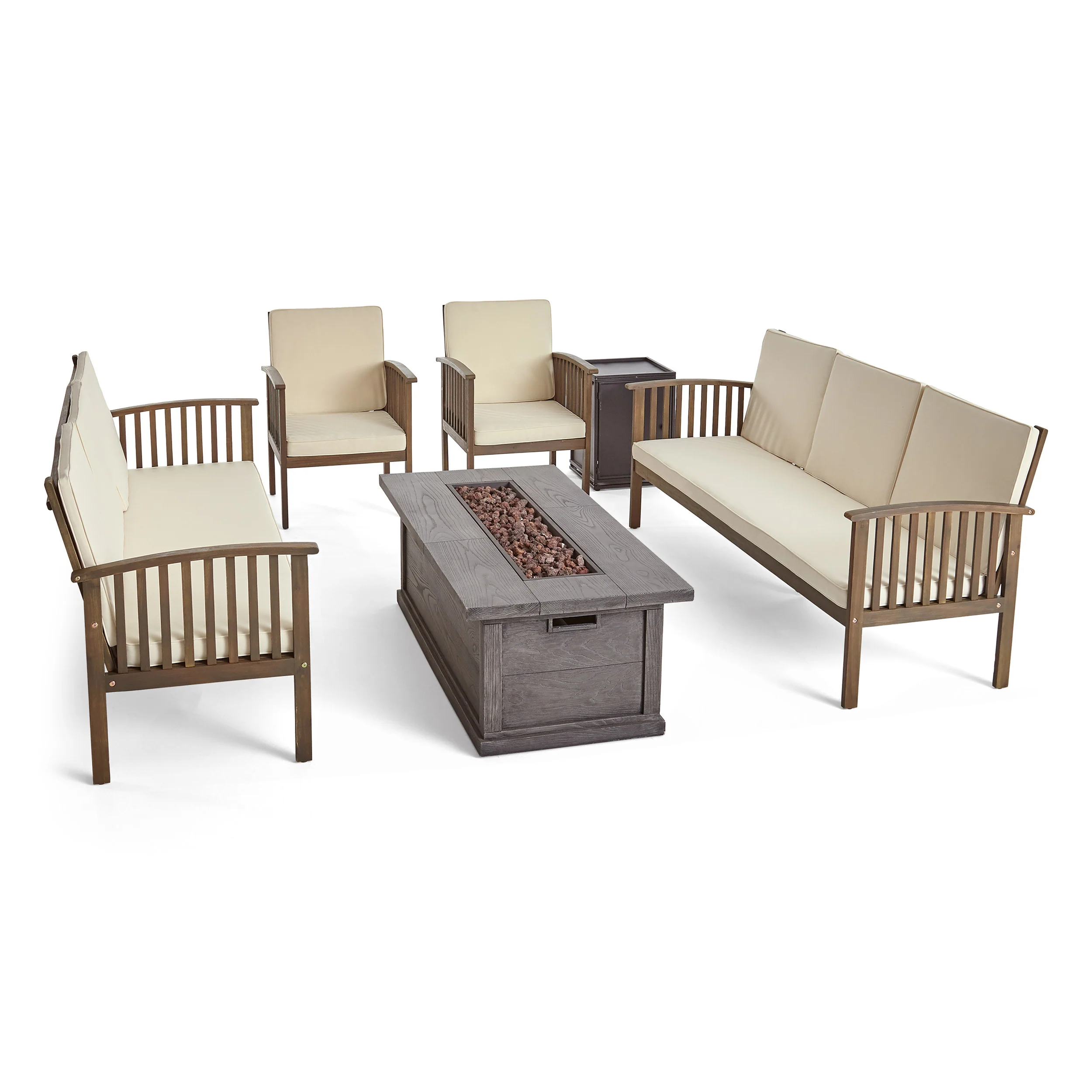 Karen Outdoor 6 Piece Acacia Wood Sofa Conversational Set with Fire Pit - furnishings