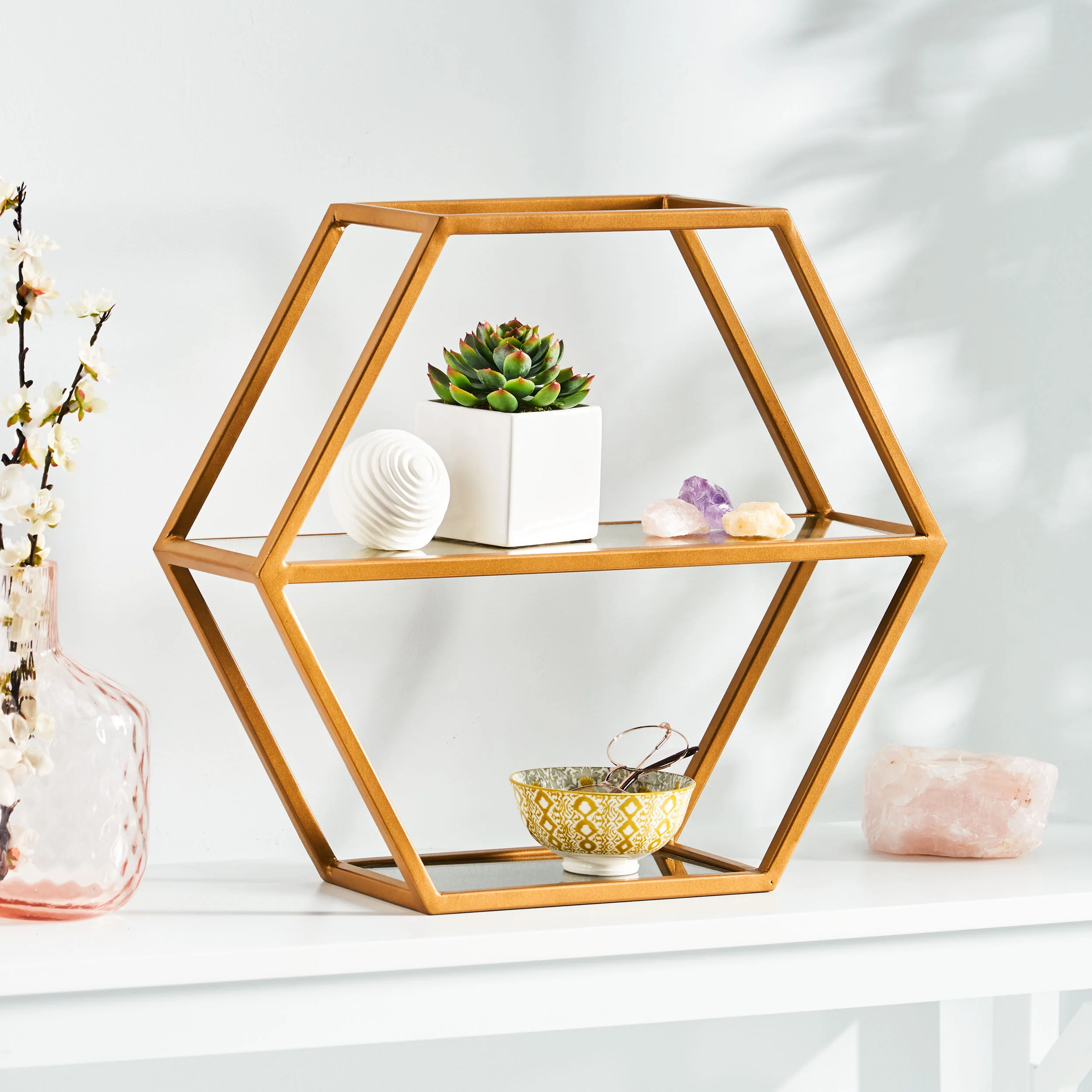 Mohaven Modern Glam Handcrafted Glass 2 Shelf Hexagonal Decorative Shelf, Antique Gold - furnishings