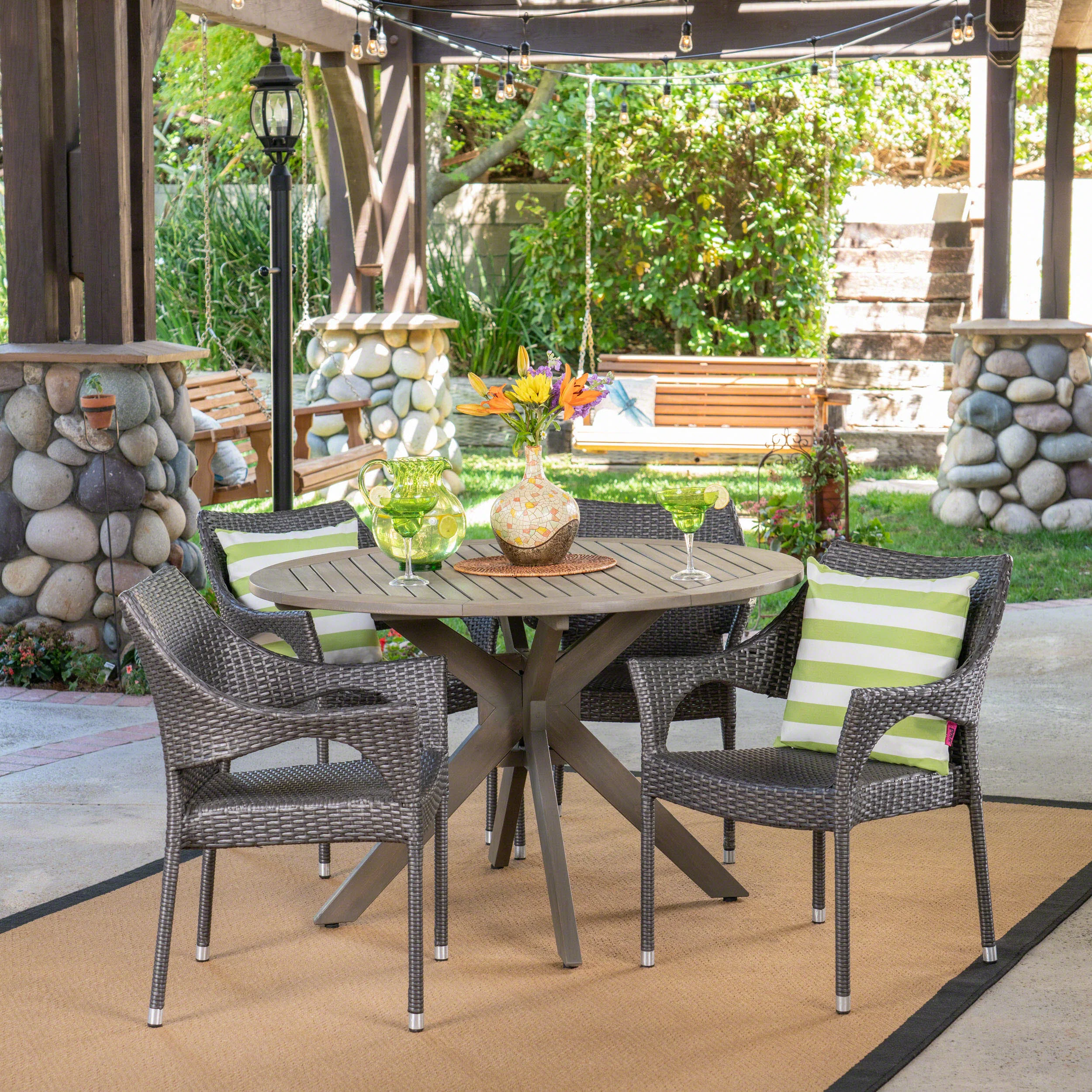 Lina Outdoor 5 Piece Wood and Wicker Dining Set, Gray and Gray - furnishings